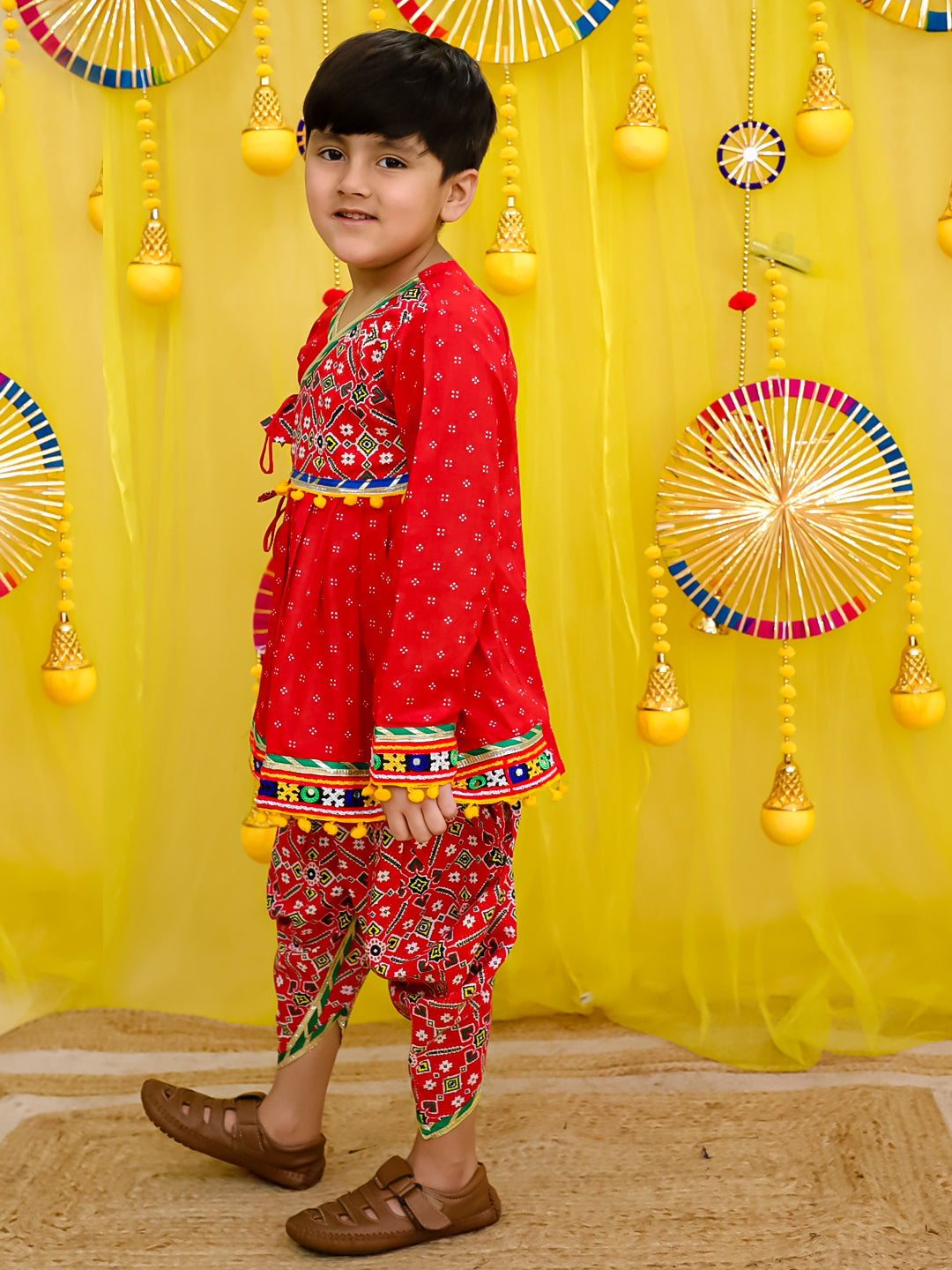 BownBee Pure Cotton Embroidered  Navratri Angarakha Style Kedia With Dhoti For Boys - Yellow