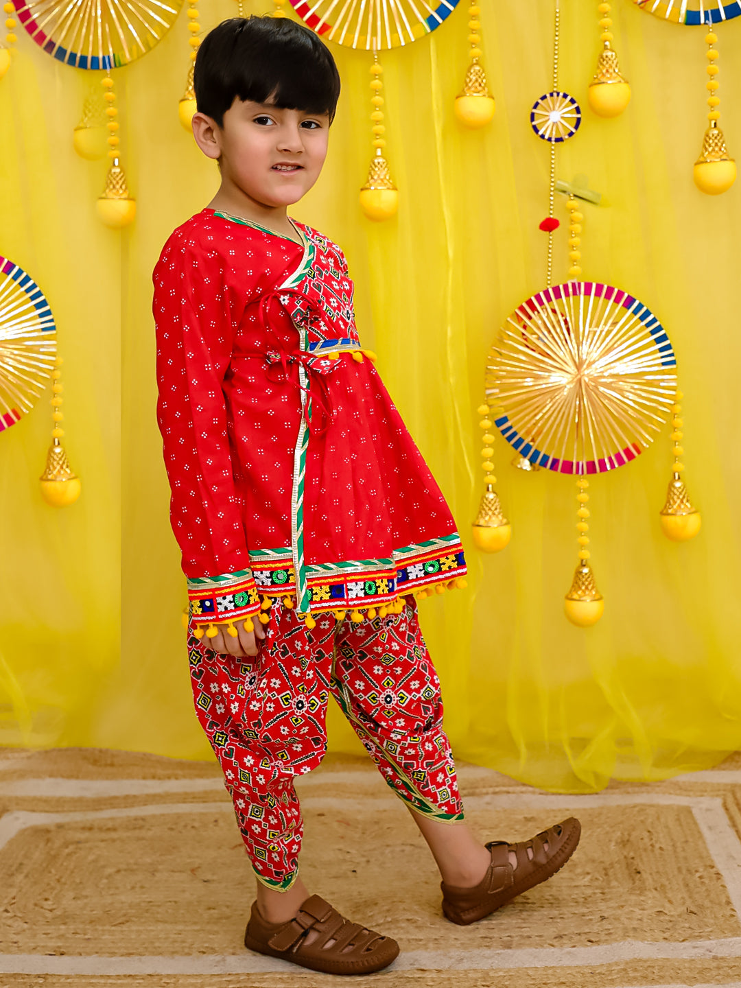 BownBee Pure Cotton Embroidered  Navratri Angarakha Style Kedia With Dhoti For Boys - Yellow