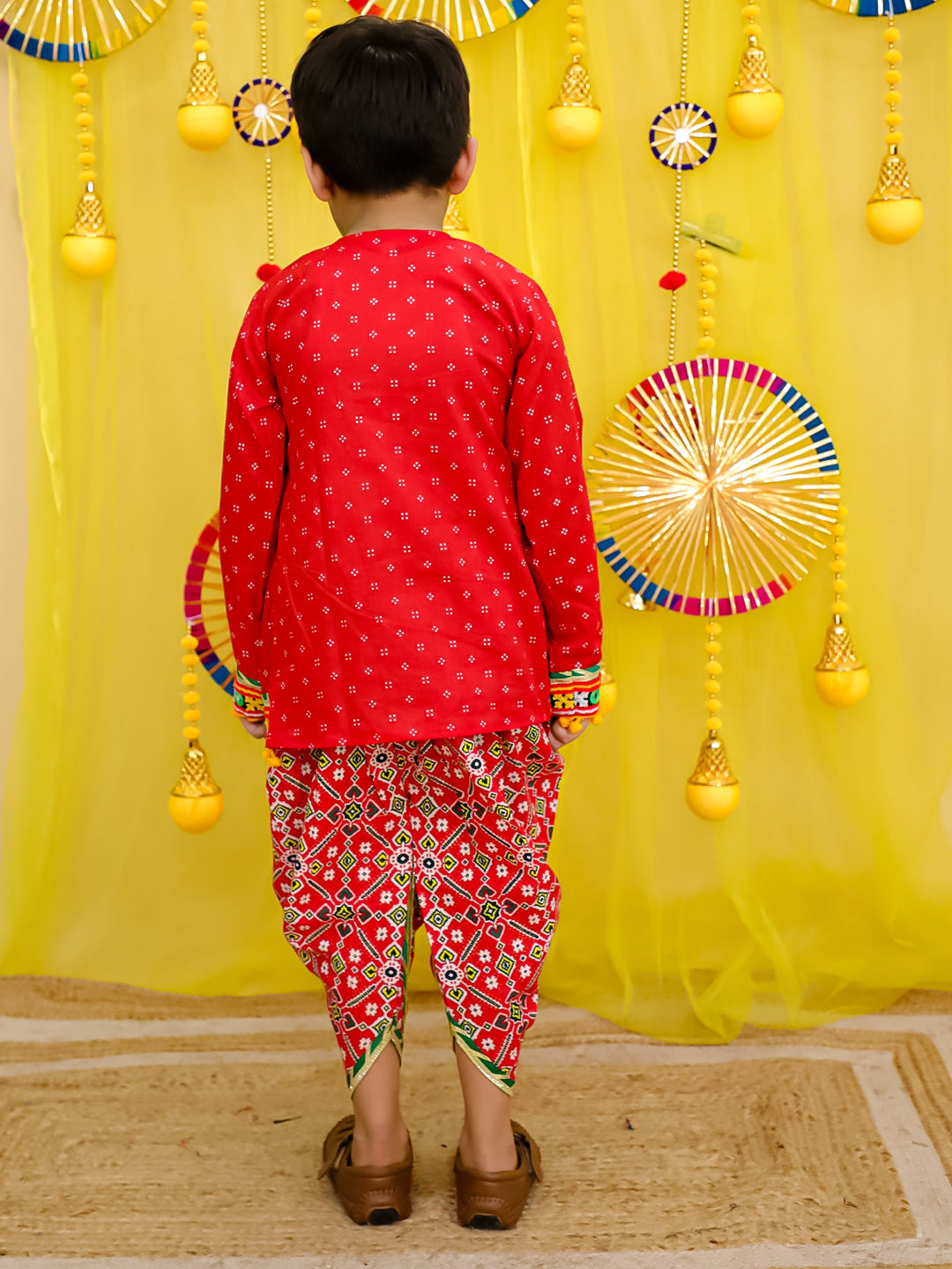 BownBee Pure Cotton Embroidered  Navratri Angarakha Style Kedia With Dhoti For Boys - Yellow