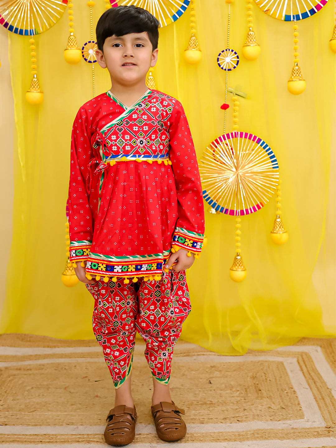 BownBee Pure Cotton Embroidered  Navratri Angarakha Style Kedia With Dhoti For Boys - Yellow