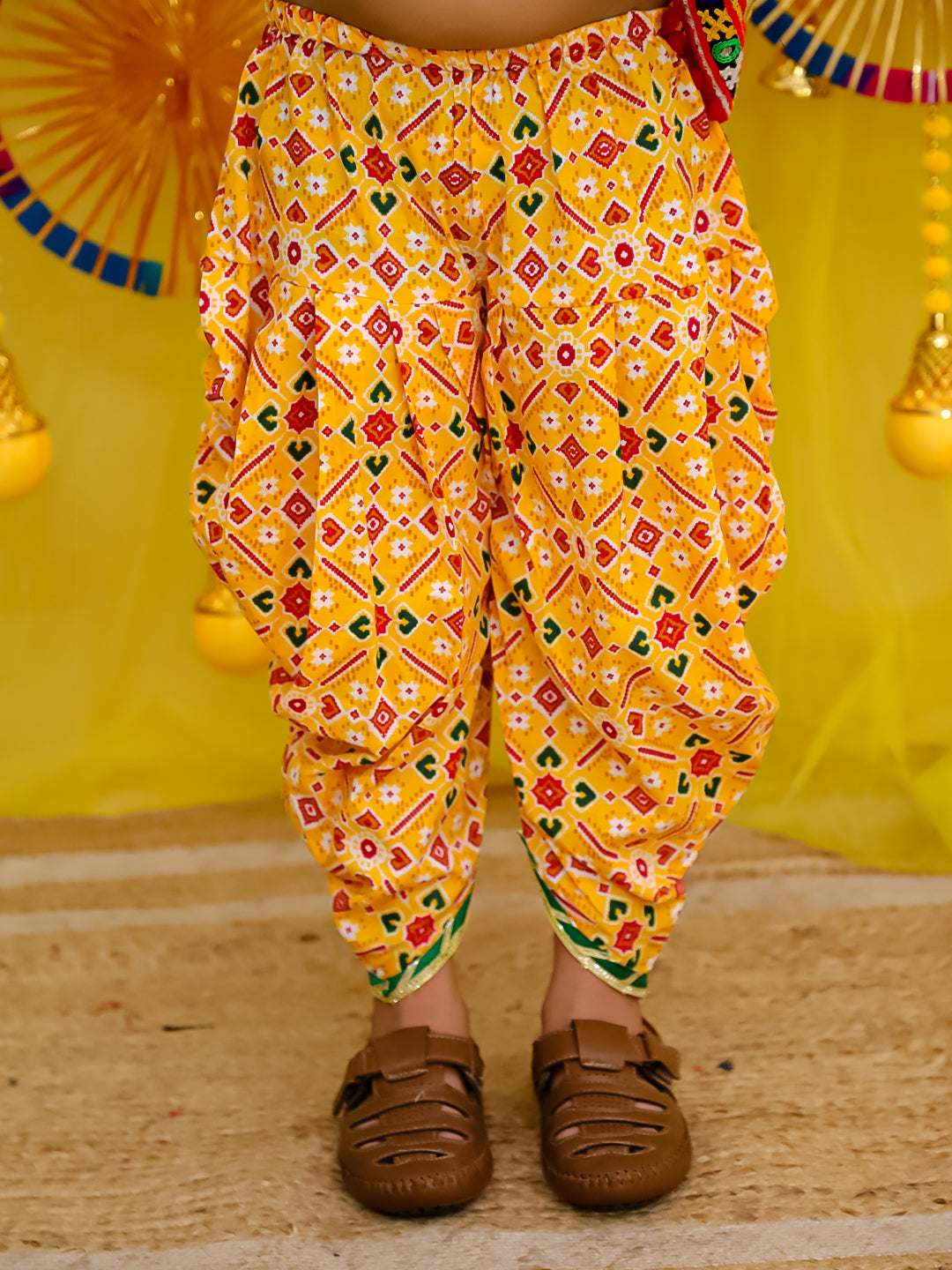 BownBee Pure Cotton Embroidered  Navratri Angarakha Style Kedia With Dhoti For Boys - Yellow