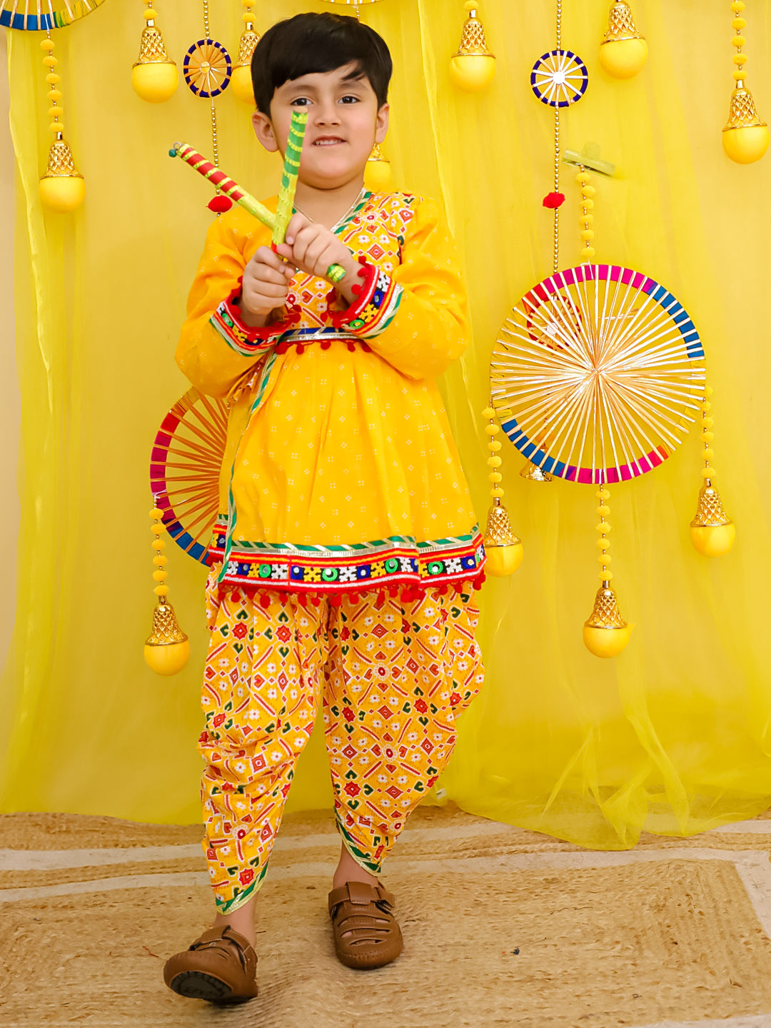 BownBee Pure Cotton Embroidered  Navratri Angarakha Style Kedia With Dhoti For Boys - Yellow