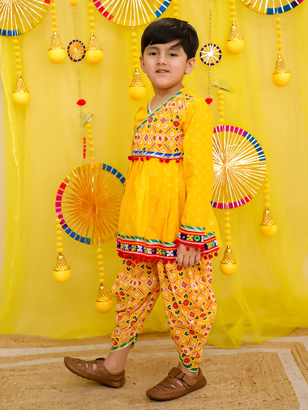 BownBee Pure Cotton Embroidered  Navratri Angarakha Style Kedia With Dhoti For Boys - Pink