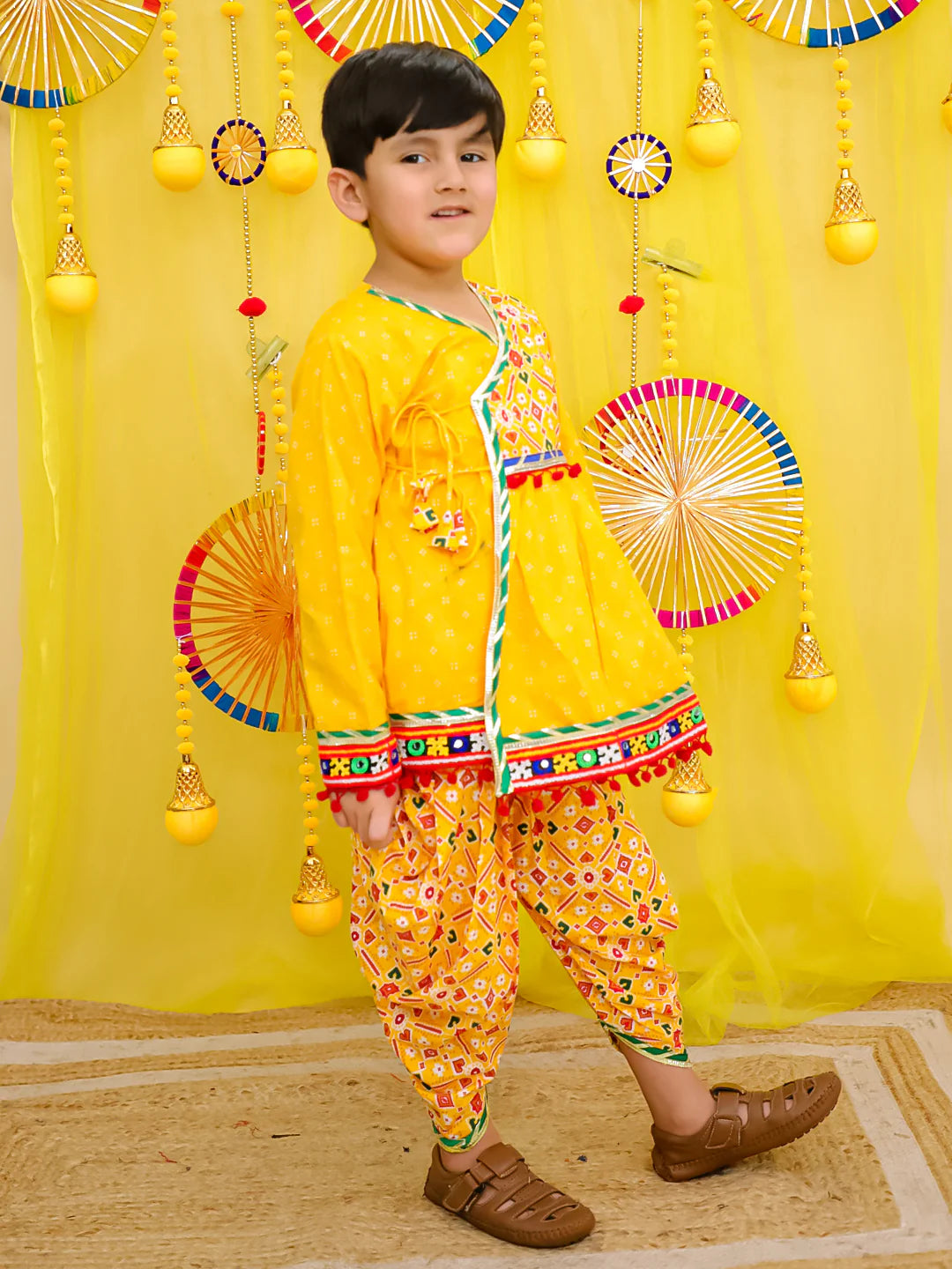 BownBee Pure Cotton Embroidered  Navratri Angarakha Style Kedia With Dhoti For Boys