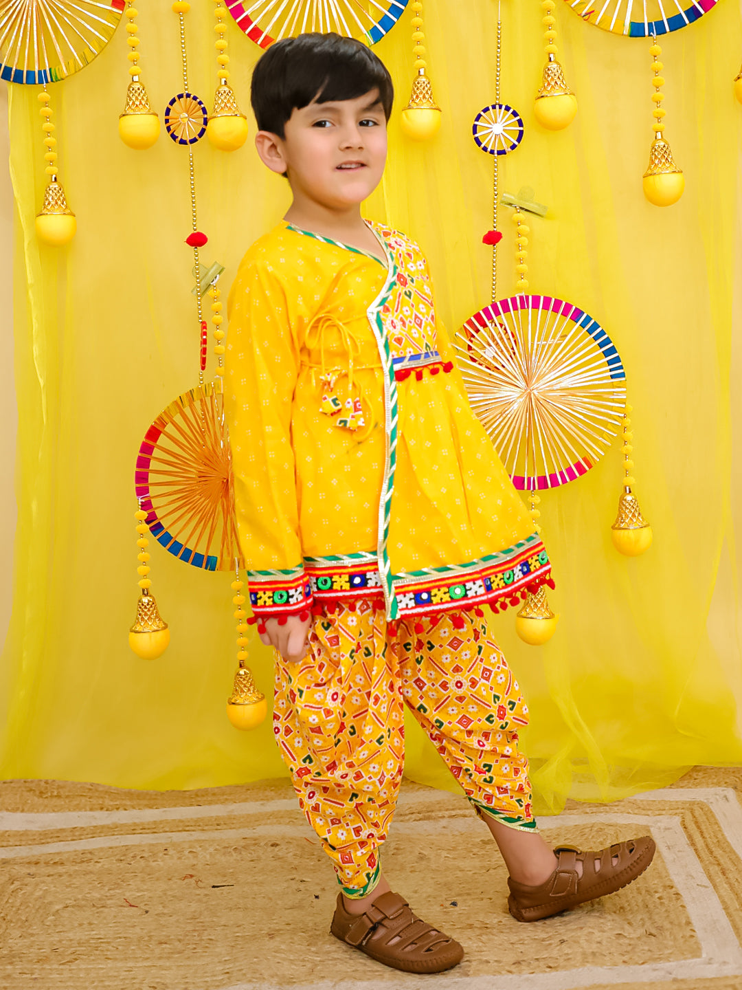 BownBee Pure Cotton Embroidered  Navratri Angarakha Style Kedia With Dhoti For Boys - Pink