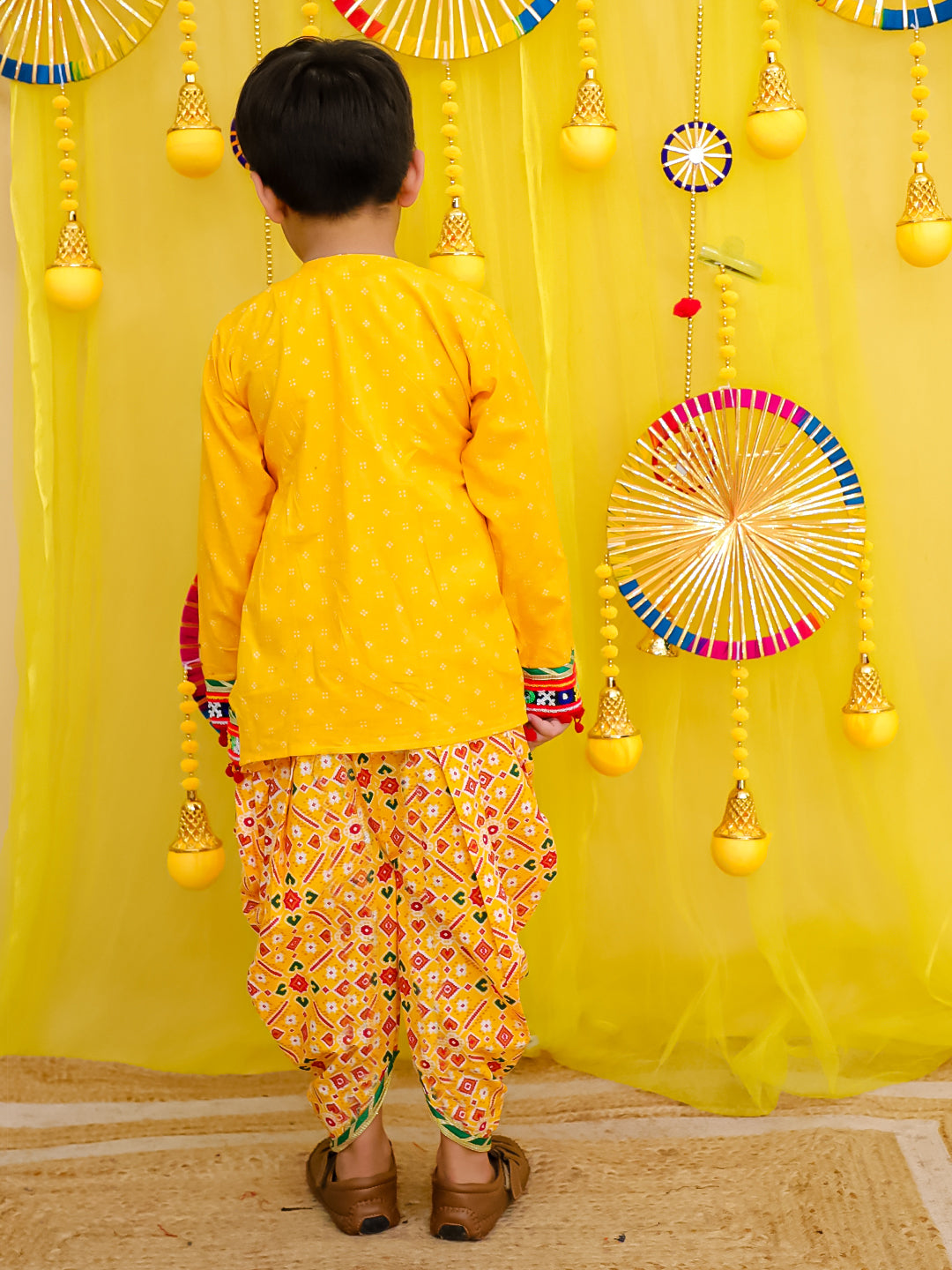 BownBee Pure Cotton Embroidered  Navratri Angarakha Style Kedia With Dhoti For Boys - Pink