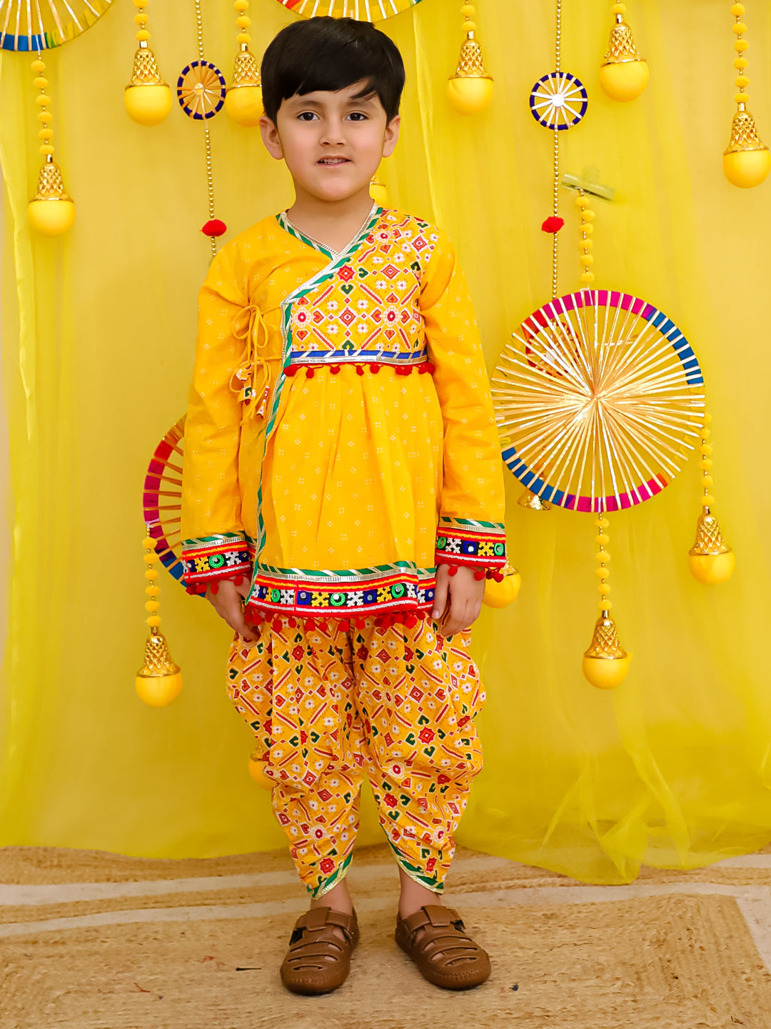 BownBee Pure Cotton Embroidered  Navratri Angarakha Style Kedia With Dhoti For Boys - Pink