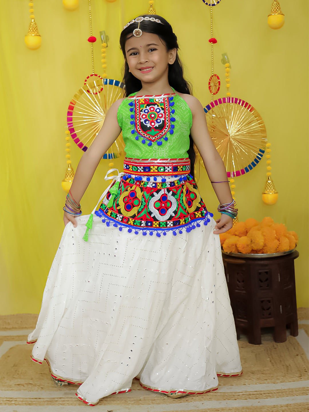 BownBee Pure Cotton Embroidered Navratri Lehenga Choli For Girls - Green (Pre- Order)