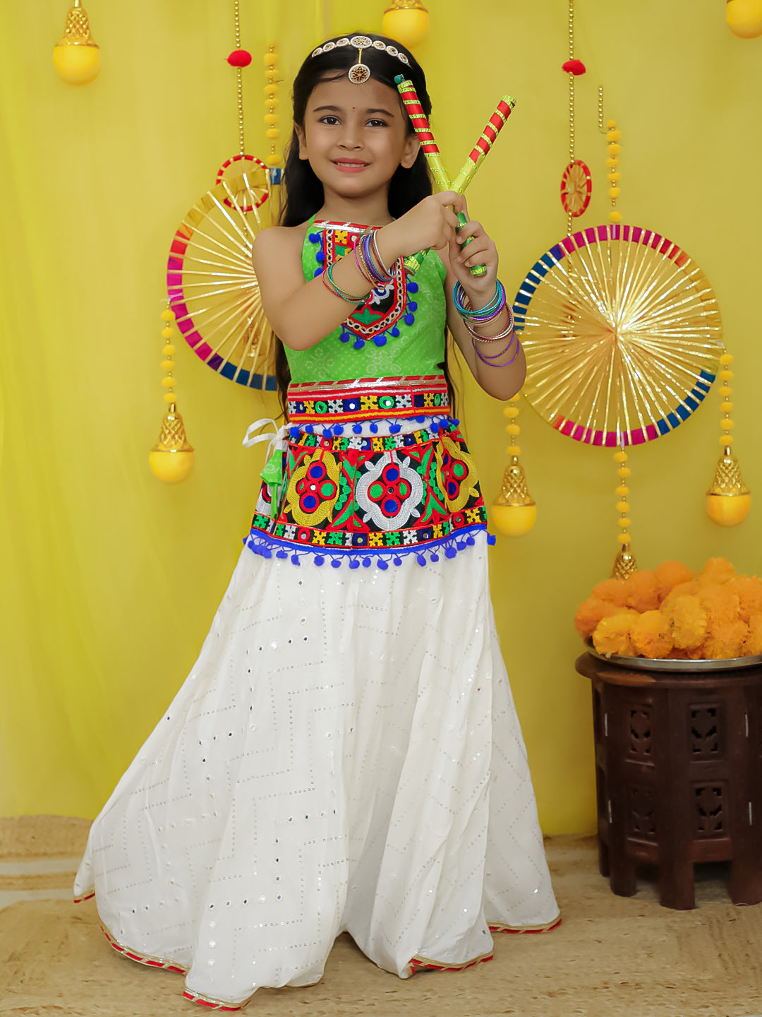 BownBee Pure Cotton Embroidered Navratri Lehenga Choli For Girls - Green (Pre- Order)