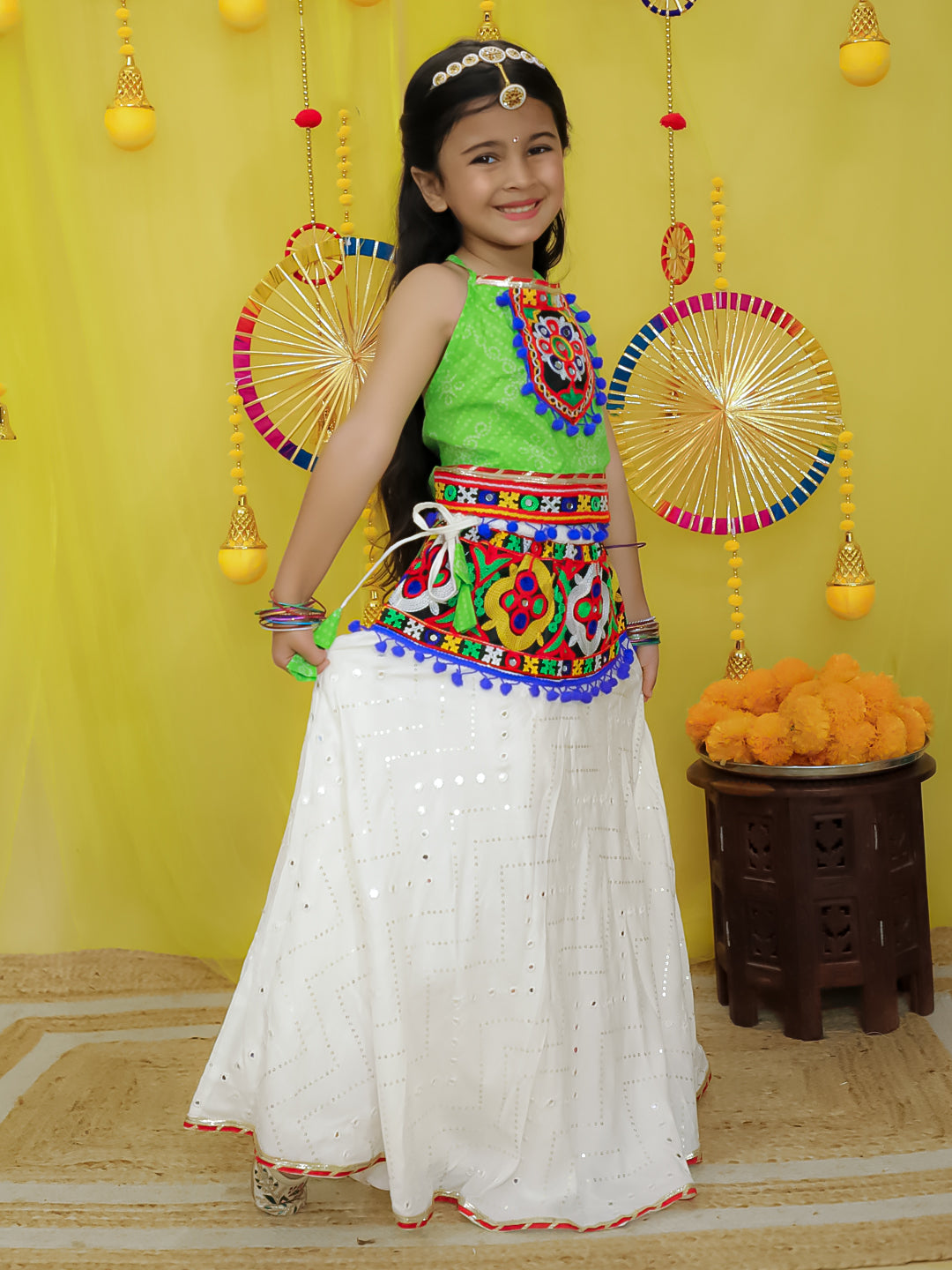 BownBee Pure Cotton Embroidered Navratri Lehenga Choli For Girls - Green (Pre- Order)