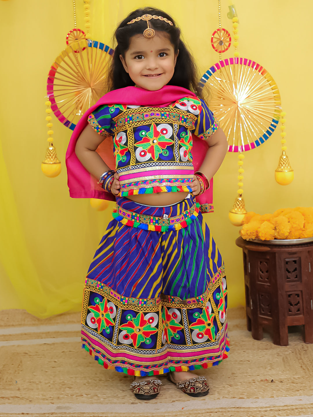 BownBee Pure Cotton Embroidered Navratri Chaniya Choli & Dupatta set For Girls -  Pink