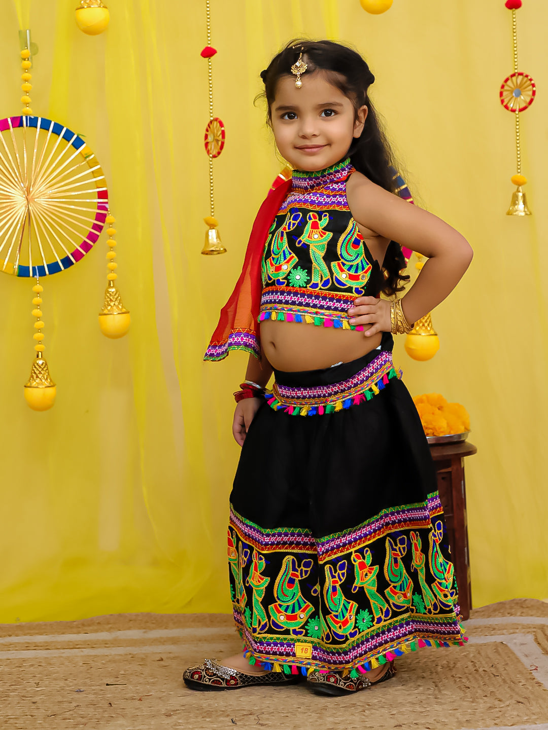 BownBee  Pure Cotton Embroidered Navratri Chaniya Choli & Dupatta set For Girls - Yellow