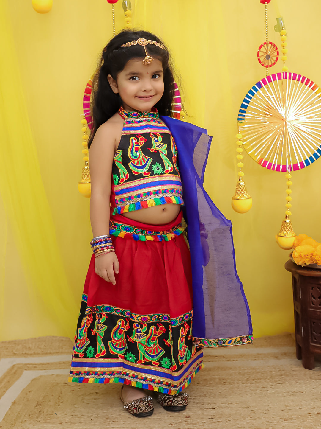 BownBee  Pure Cotton Embroidered Navratri Chaniya Choli & Dupatta set For Girls - Yellow