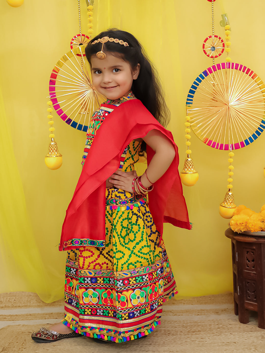 BownBee Pure Cotton Embroidered Navratri Chaniya Lehanga Choli & Dupatta set For Girls - Yellow