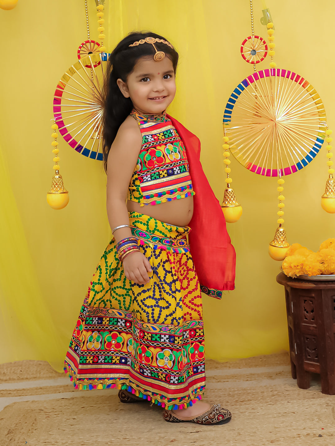 BownBee Pure Cotton Embroidered Navratri Chaniya Lehanga Choli & Dupatta set For Girls - Yellow