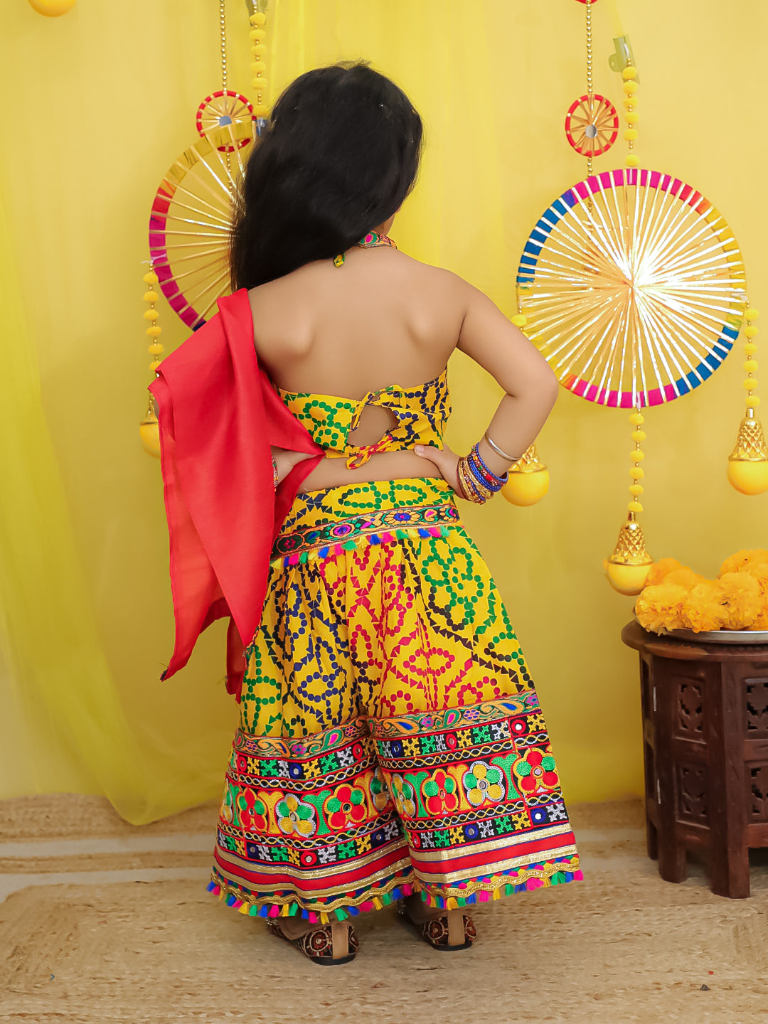 BownBee Pure Cotton Embroidered Navratri Chaniya Lehanga Choli & Dupatta set For Girls - Yellow
