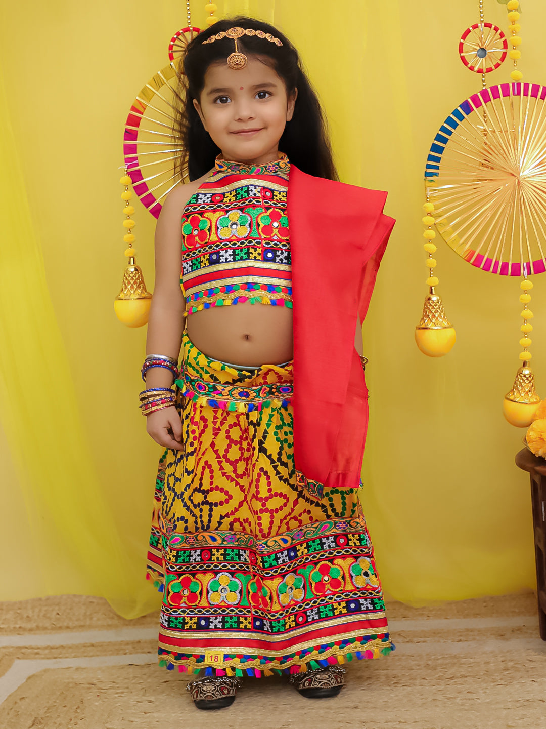 BownBee Pure Cotton Embroidered Navratri Chaniya Lehanga Choli & Dupatta set For Girls - Yellow