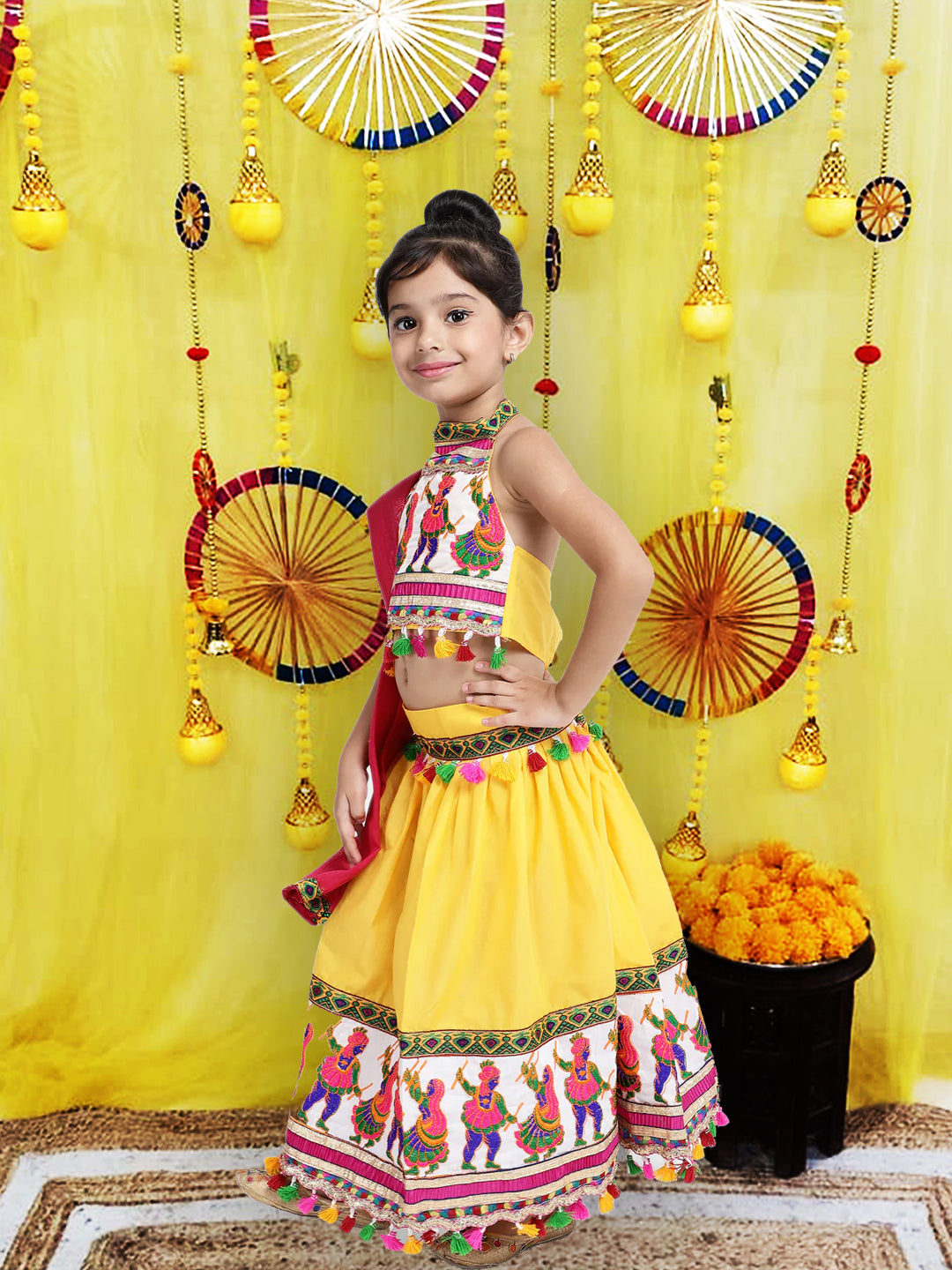 BownBee  Pure Cotton Embroidered Navratri Chaniya Choli & Dupatta set For Girls - Yellow