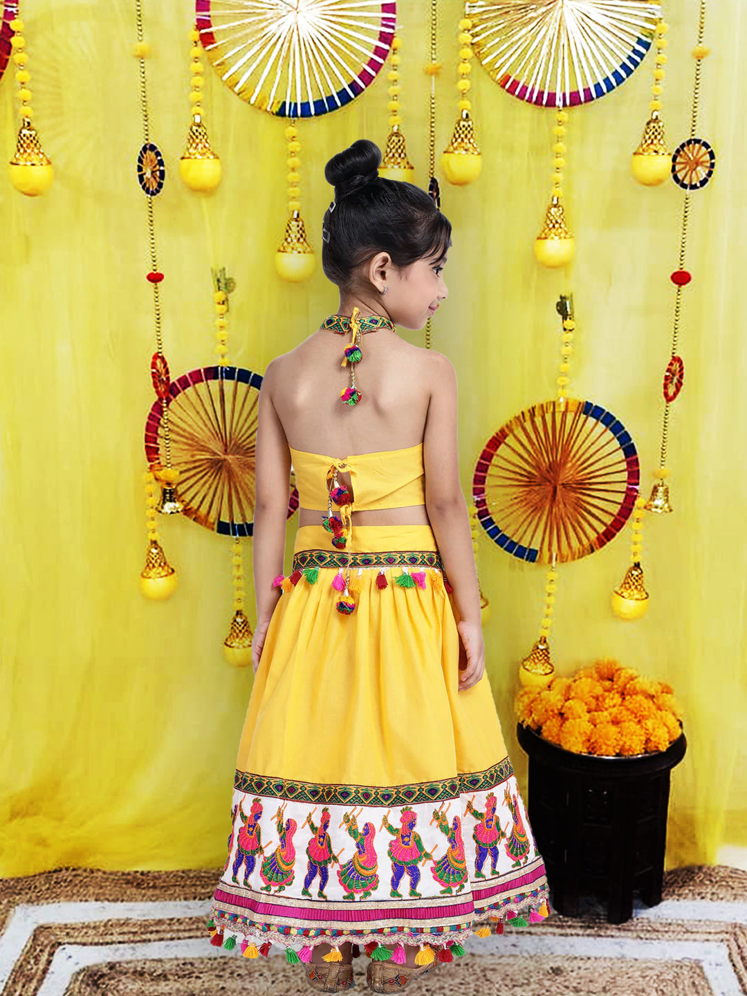 BownBee  Pure Cotton Embroidered Navratri Chaniya Choli & Dupatta set For Girls - Yellow