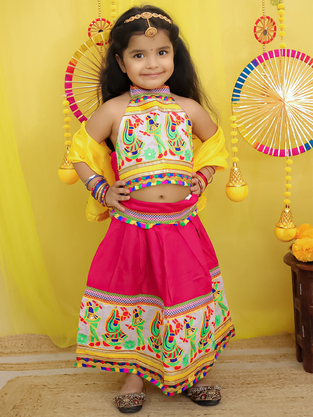 BownBee  Pure Cotton Embroidered Navratri Chaniya Choli & Dupatta set For Girls - Pink