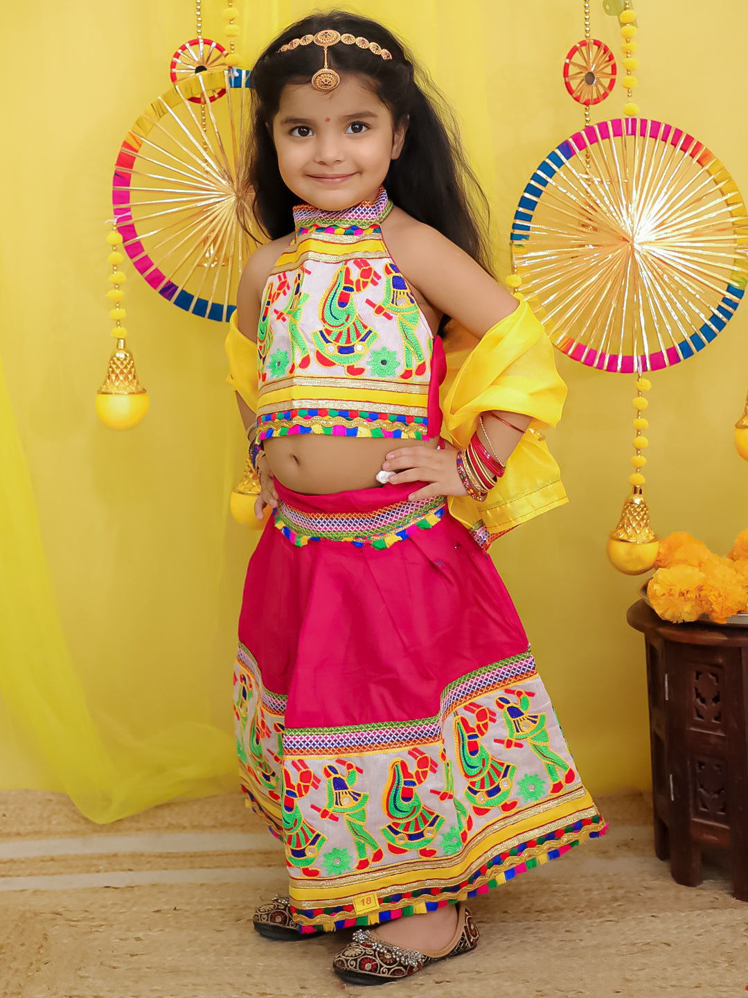BownBee  Pure Cotton Embroidered Navratri Chaniya Choli & Dupatta set For Girls - Pink