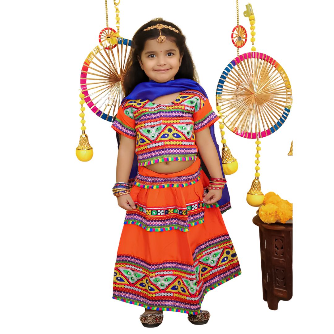 BownBee  Pure Cotton Embroidered Navratri Chaniya Choli & Dupatta set For Girls - Orange