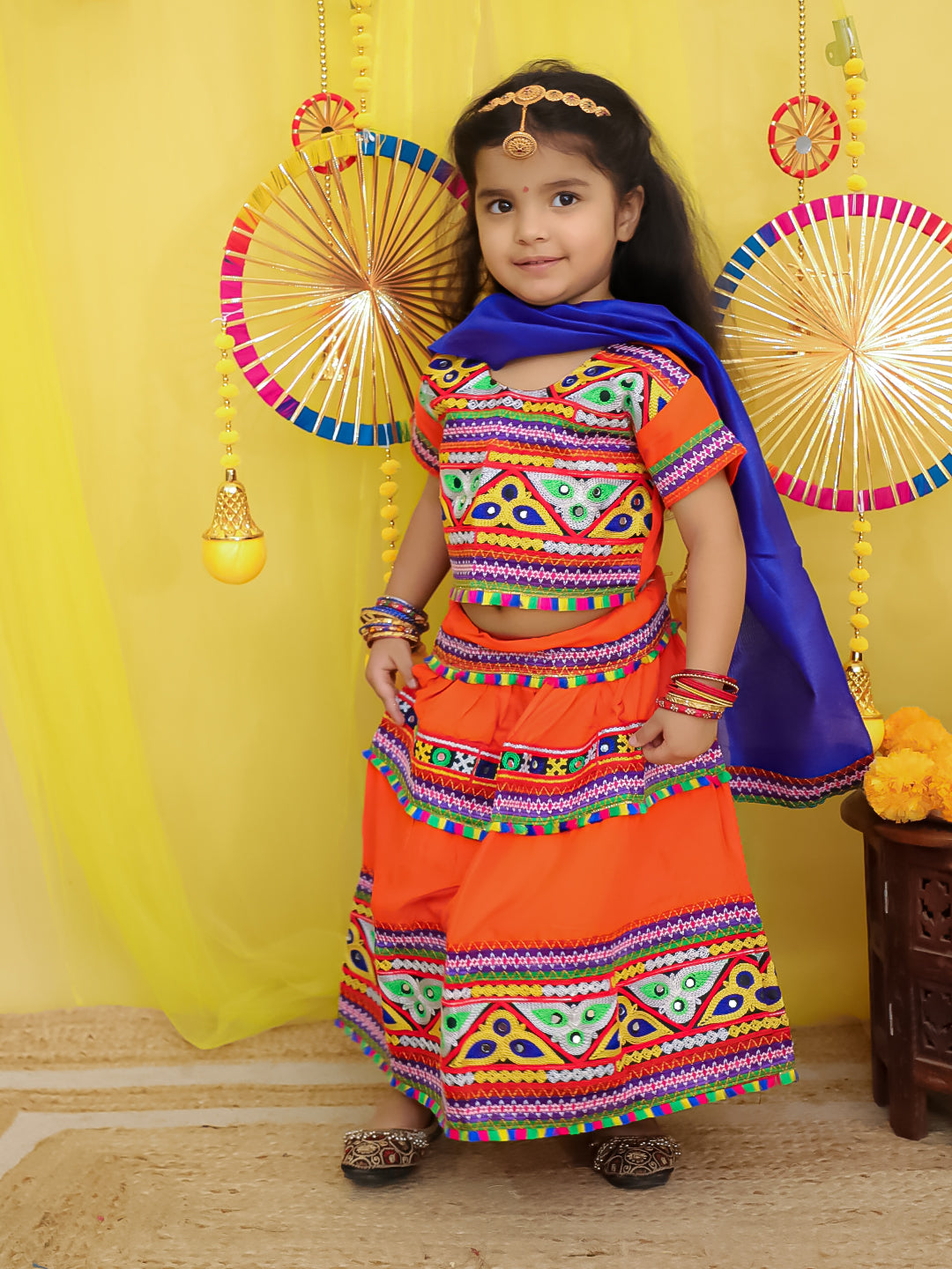 BownBee  Pure Cotton Embroidered Navratri Chaniya Choli & Dupatta set For Girls - Orange