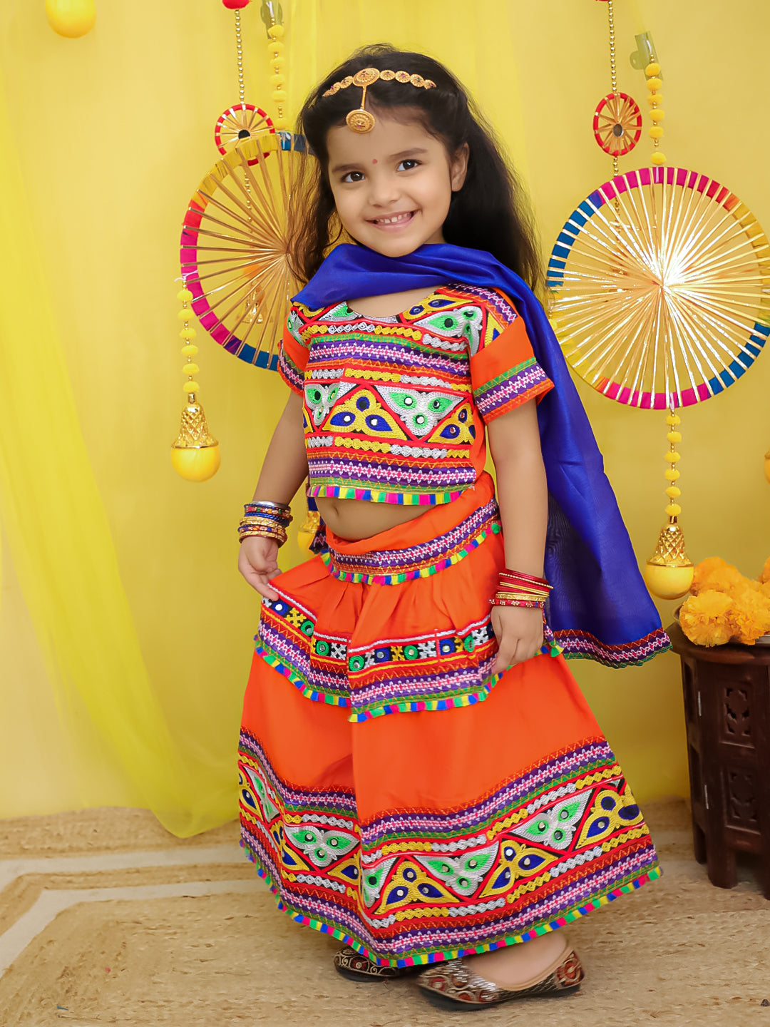 BownBee  Pure Cotton Embroidered Navratri Chaniya Choli & Dupatta set For Girls - Orange