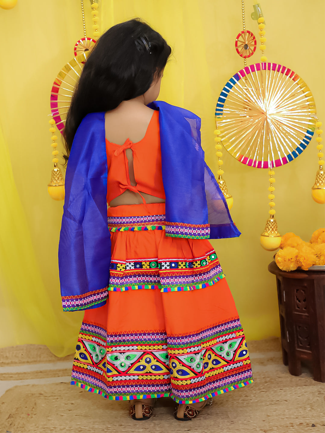 BownBee  Pure Cotton Embroidered Navratri Chaniya Choli & Dupatta set For Girls - Orange