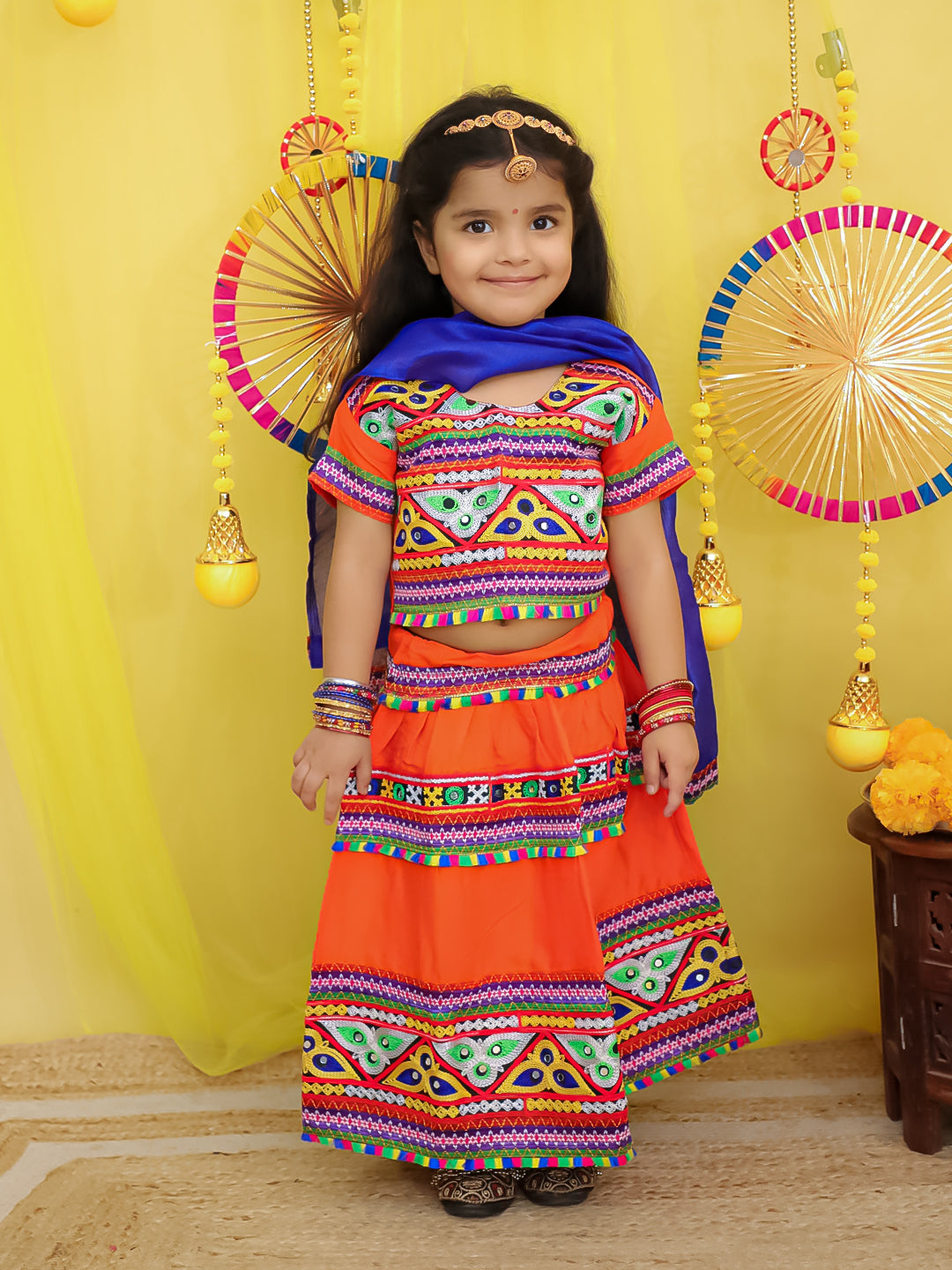 BownBee  Pure Cotton Embroidered Navratri Chaniya Choli & Dupatta set For Girls - Orange