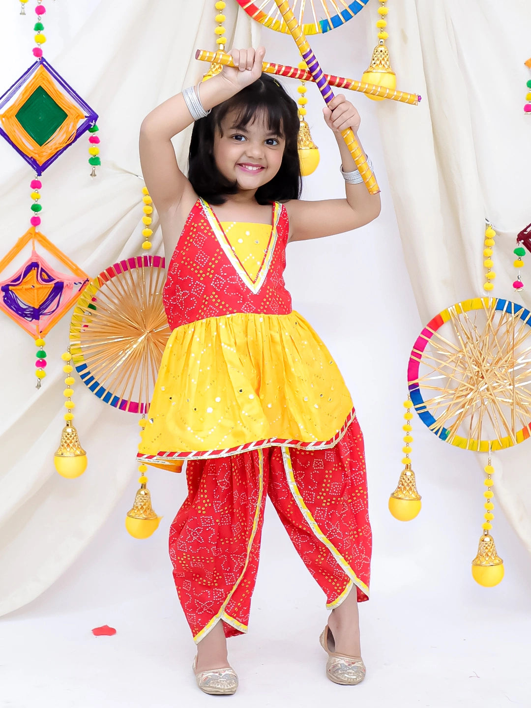 Bownbee Mirror Work Halter Top With Dhoti Set For Girls