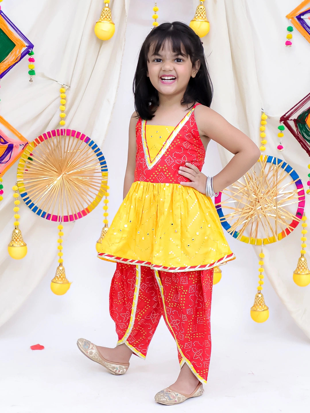Bownbee Mirror Work Halter Top With Dhoti Set For Girls