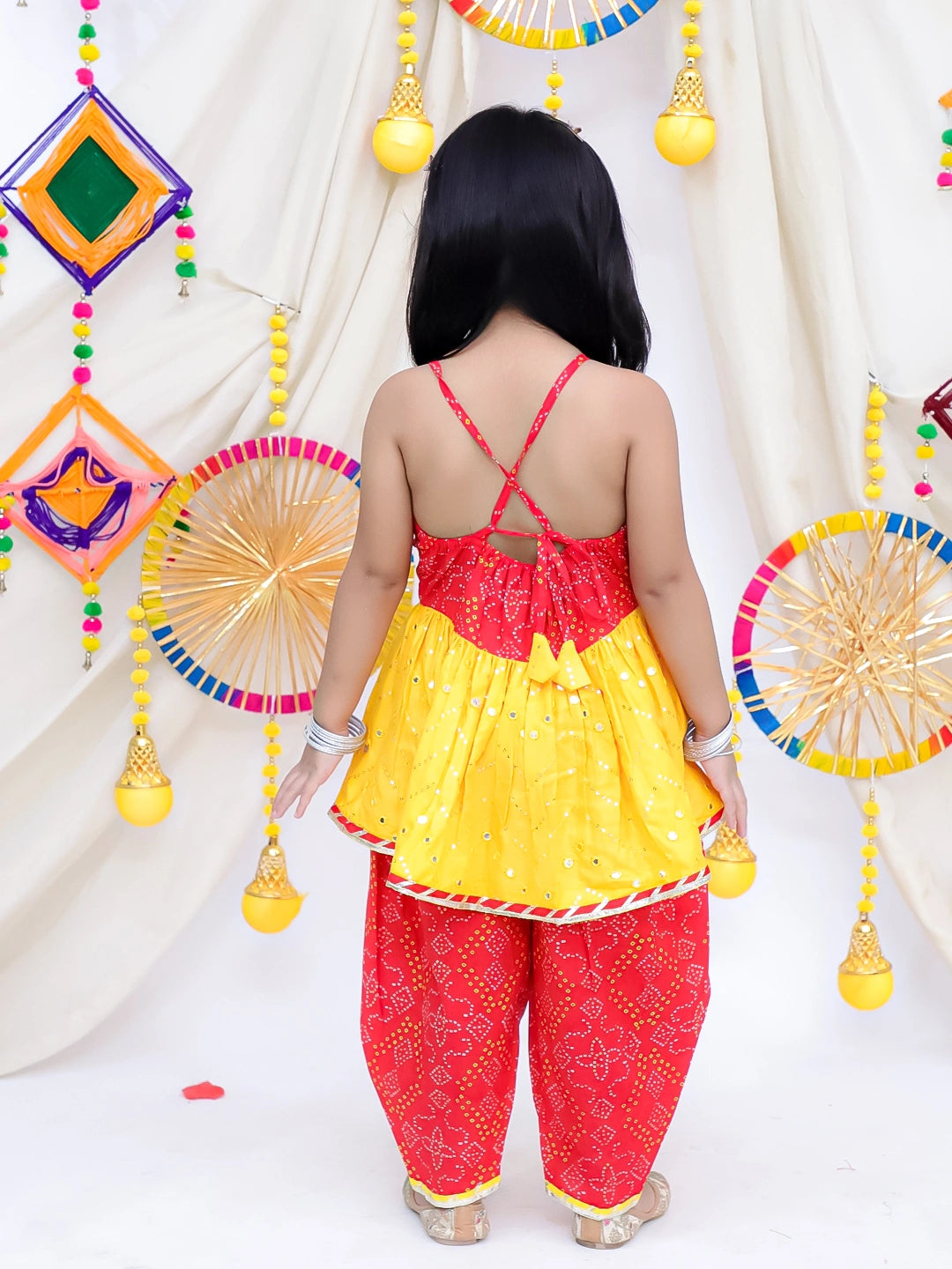 Bownbee Mirror Work Halter Top With Dhoti Set For Girls