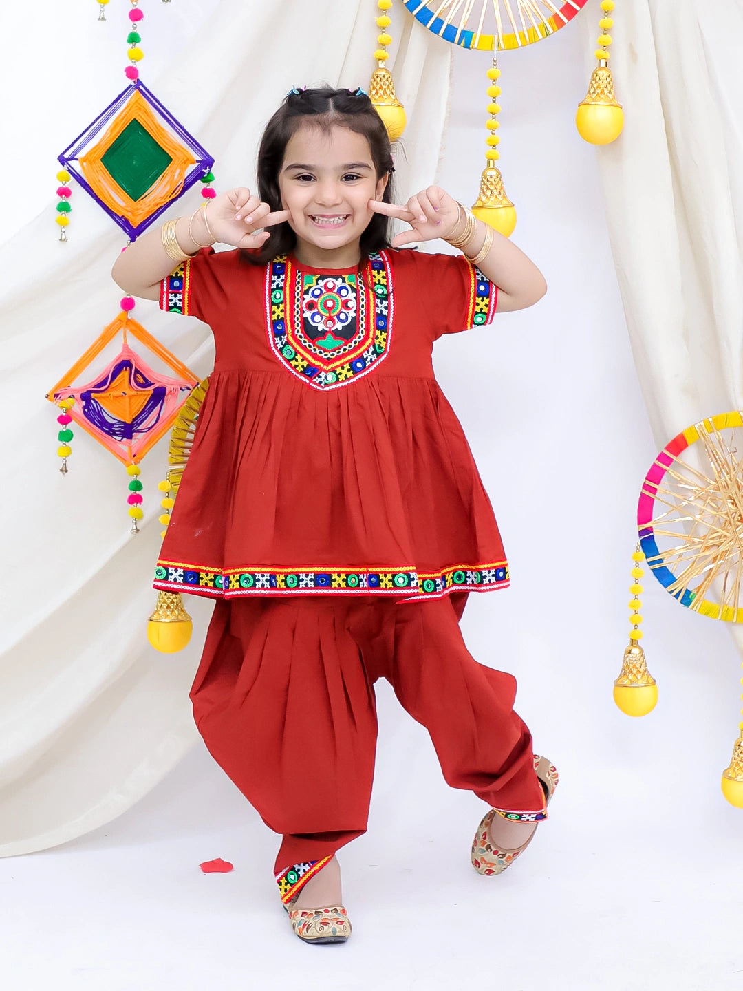 BownBee Pure Cotton Short Sleeve Kurti With Dhoti Set For Girls