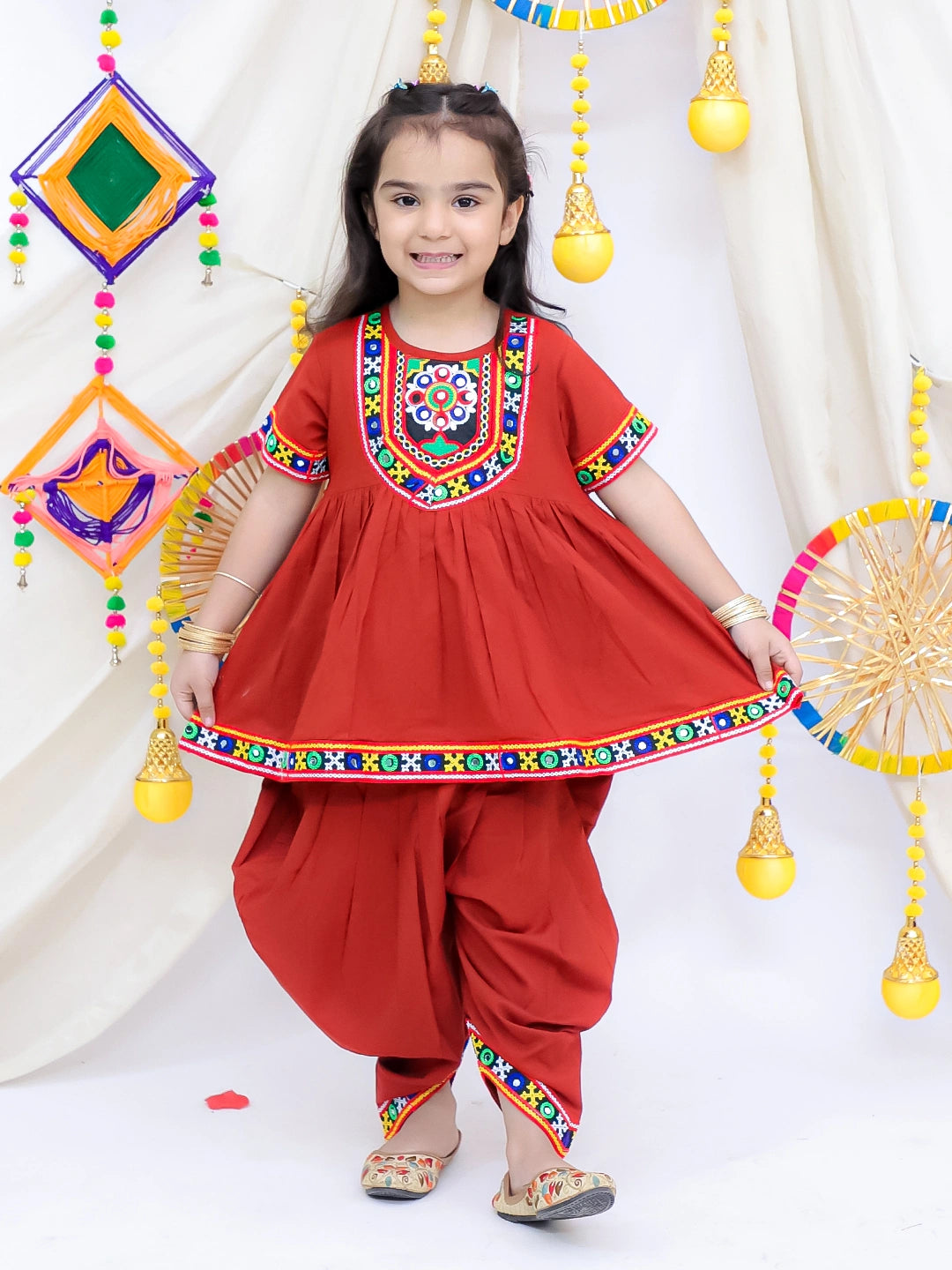 BownBee Pure Cotton Short Sleeve Kurti With Dhoti Set For Girls