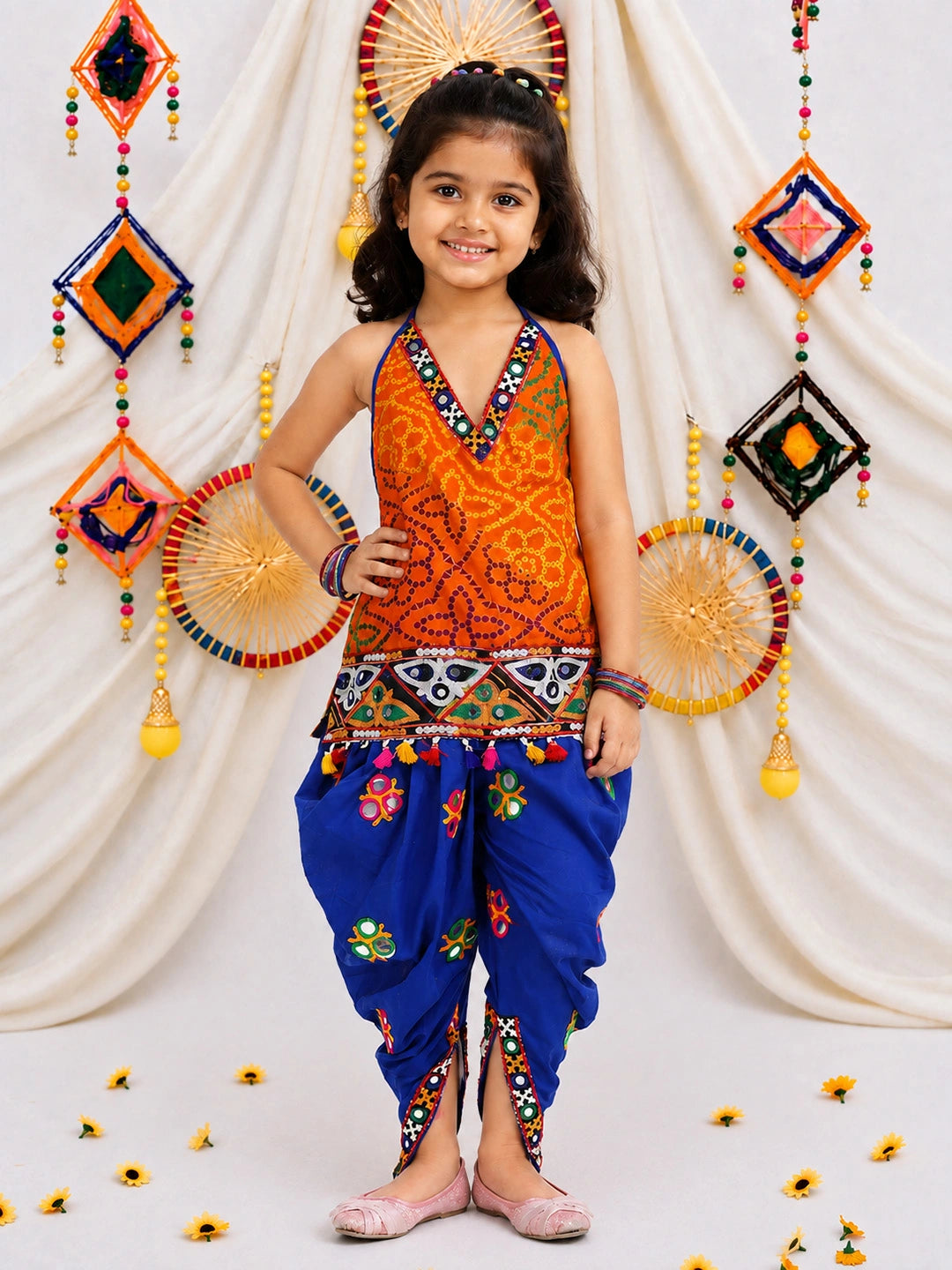 BownBee Bandhani Halter Top With Embroidery Dhoti Set For Girls - Orange