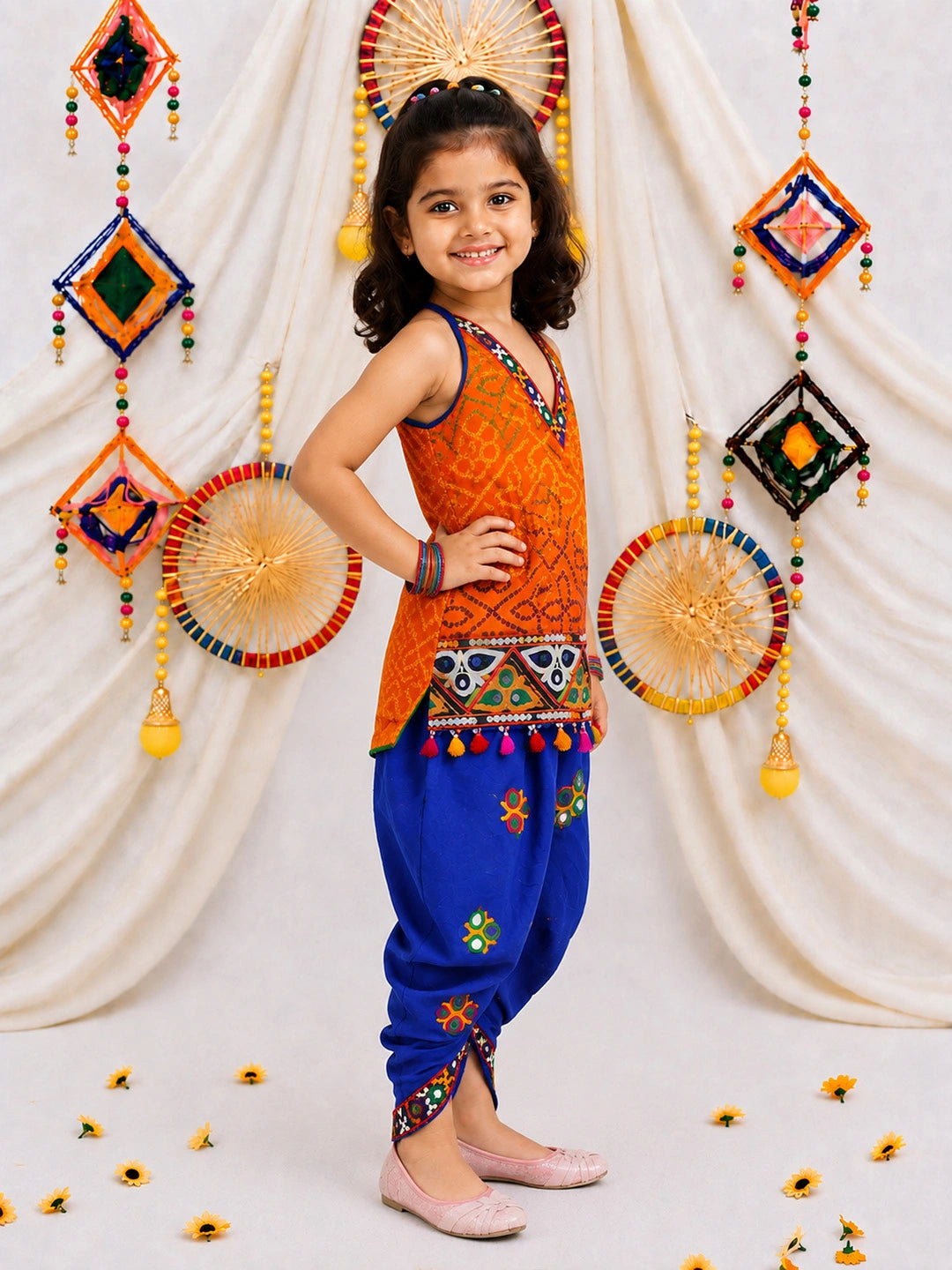 BownBee Bandhani Halter Top With Embroidery Dhoti Set For Girls - Orange