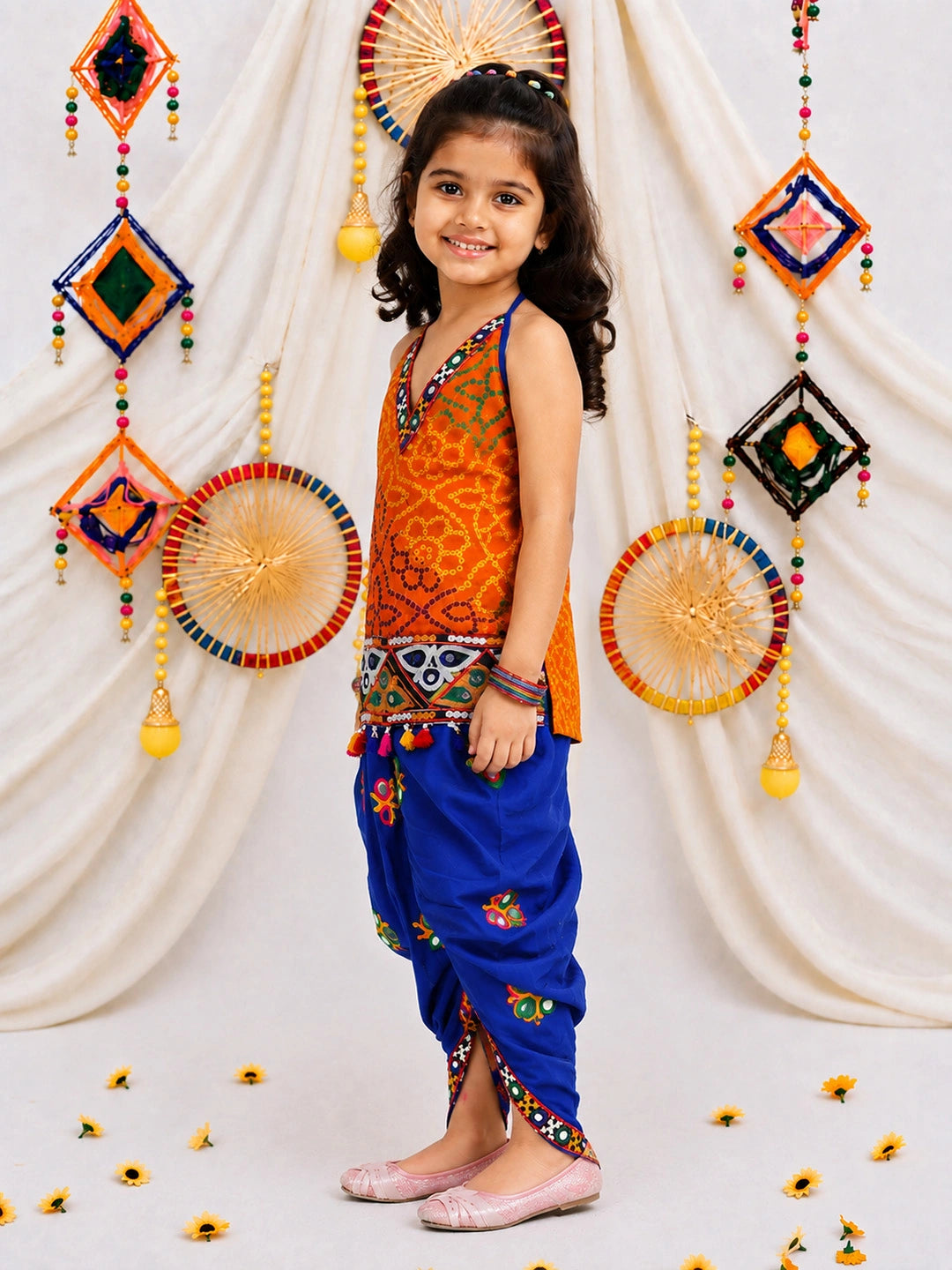 BownBee Bandhani Halter Top With Embroidery Dhoti Set For Girls - Orange