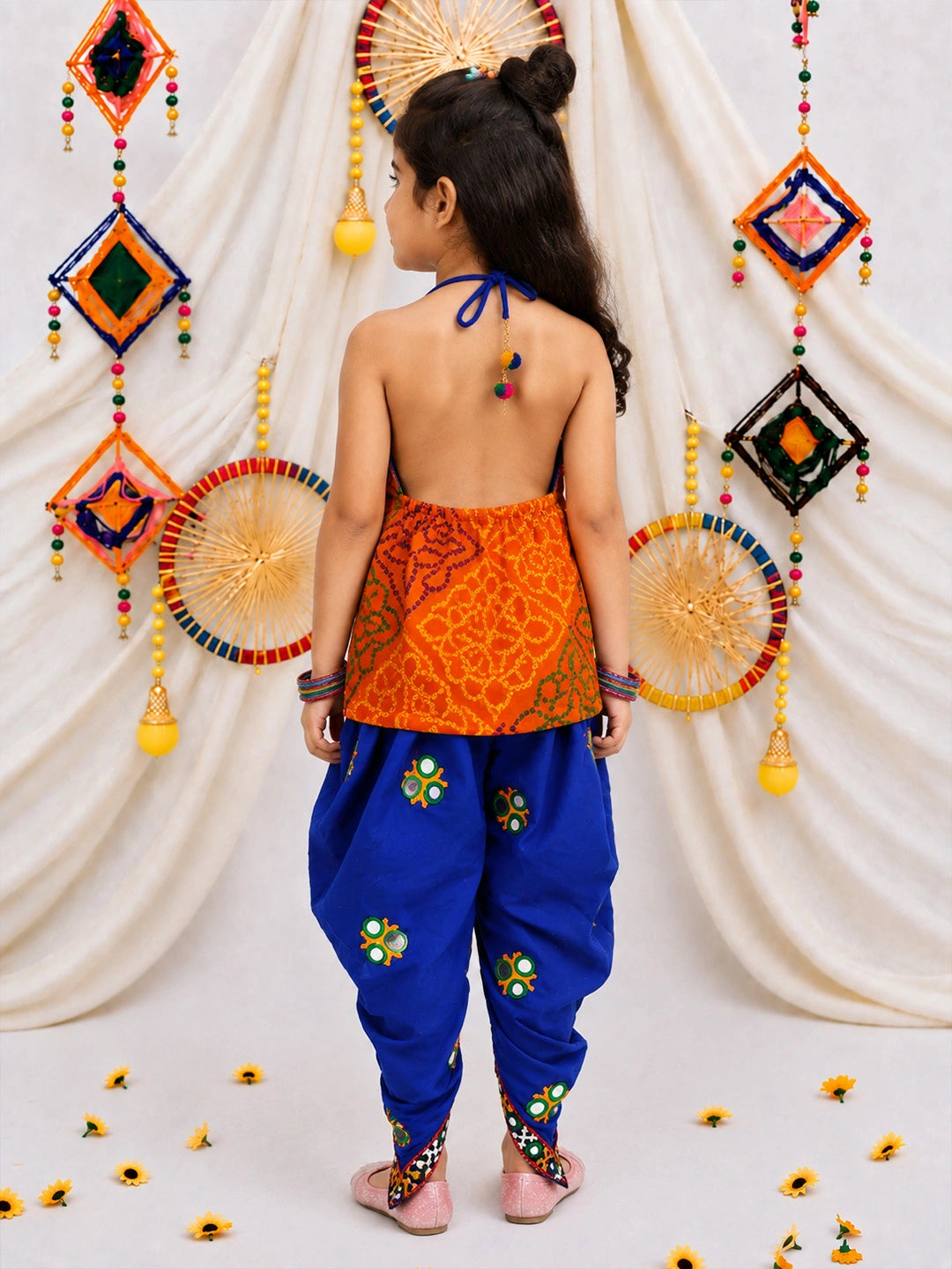BownBee Bandhani Halter Top With Embroidery Dhoti Set For Girls - Orange