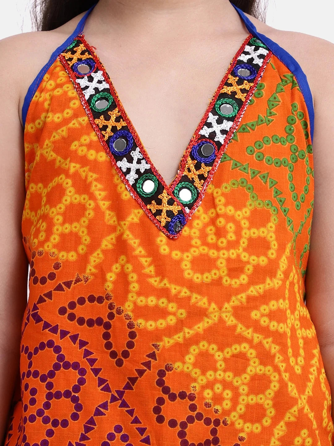 BownBee Bandhani Halter Top With Embroidery Dhoti Set For Girls - Orange