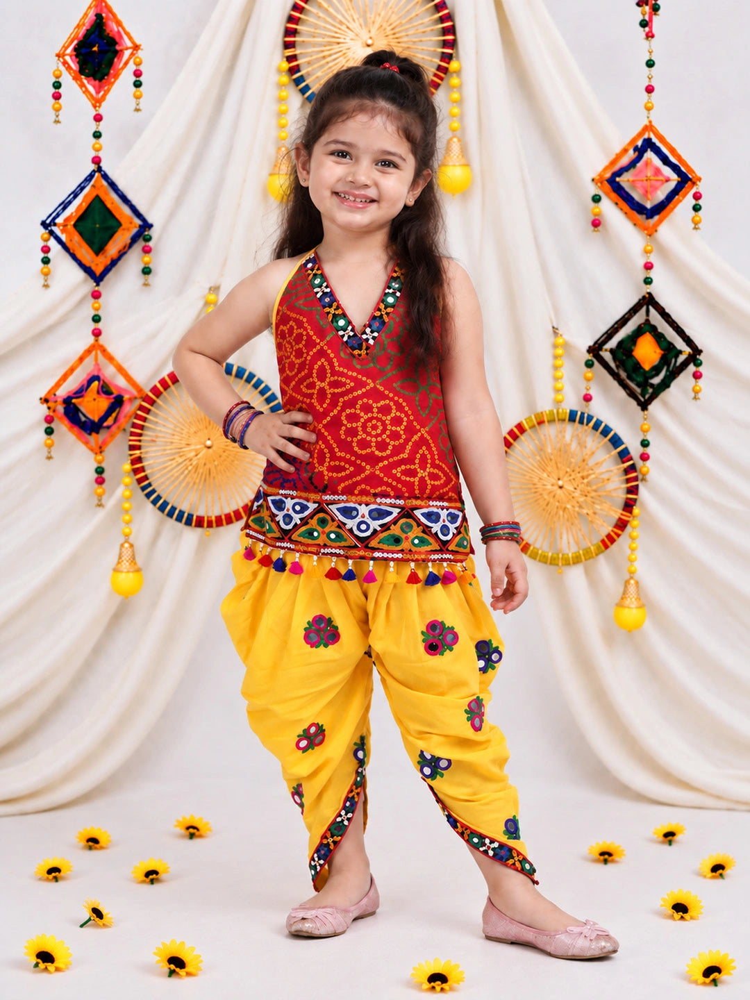 BownBee Bandhani Halter Top With Embroidery Dhoti Set For Girls -  Red