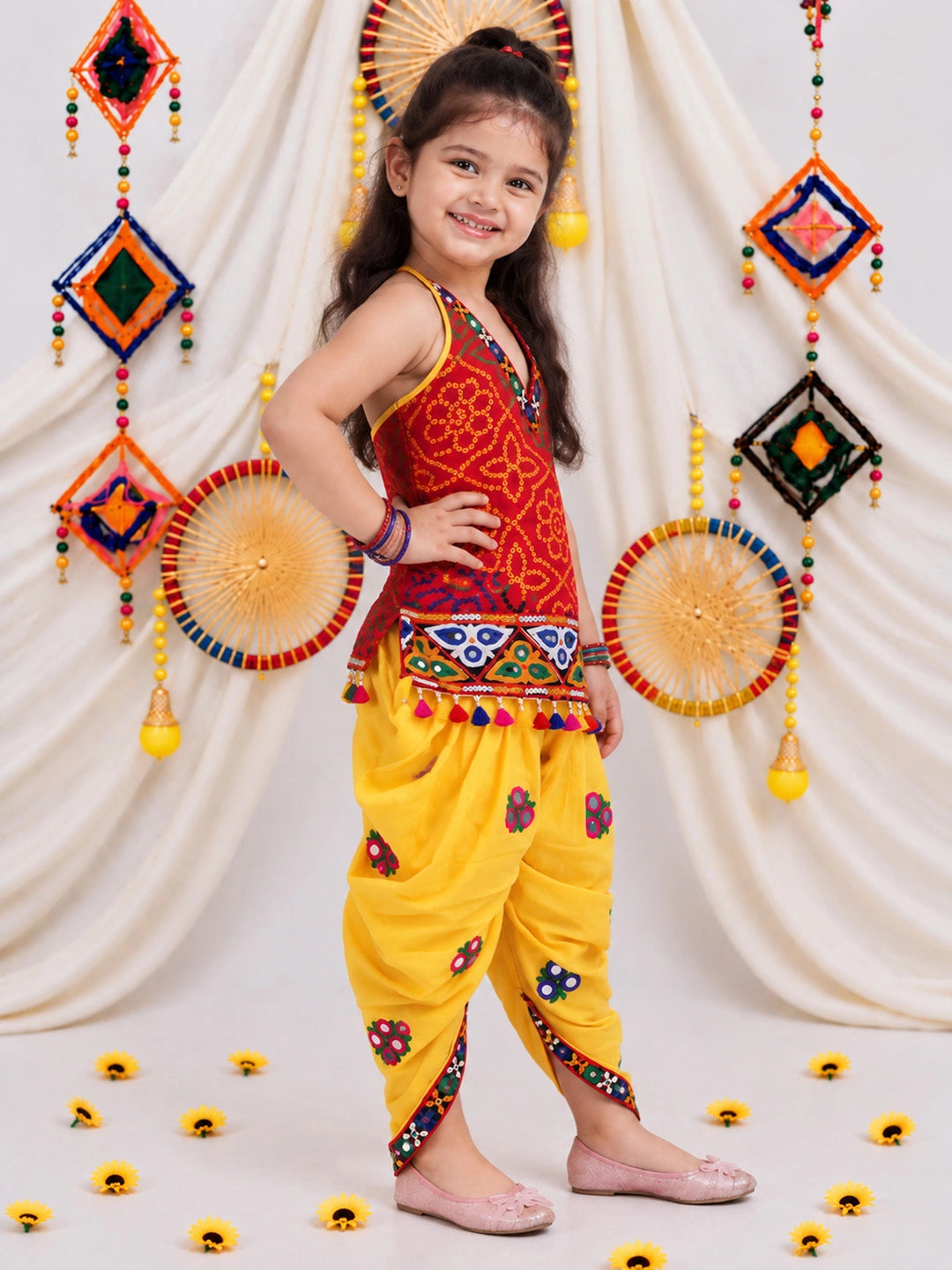 BownBee Bandhani Halter Top With Embroidery Dhoti Set For Girls -  Red