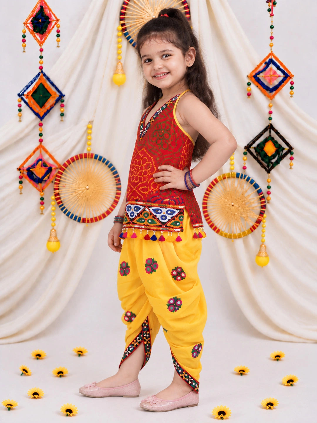 BownBee Bandhani Halter Top With Embroidery Dhoti Set For Girls -  Red