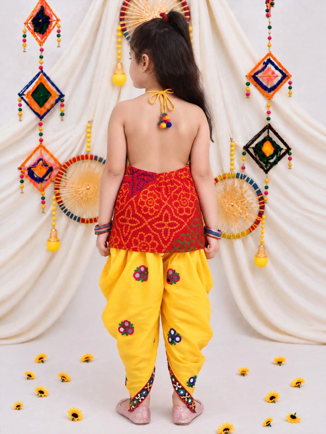 BownBee Bandhani Halter Top With Embroidery Dhoti Set For Girls -  Red