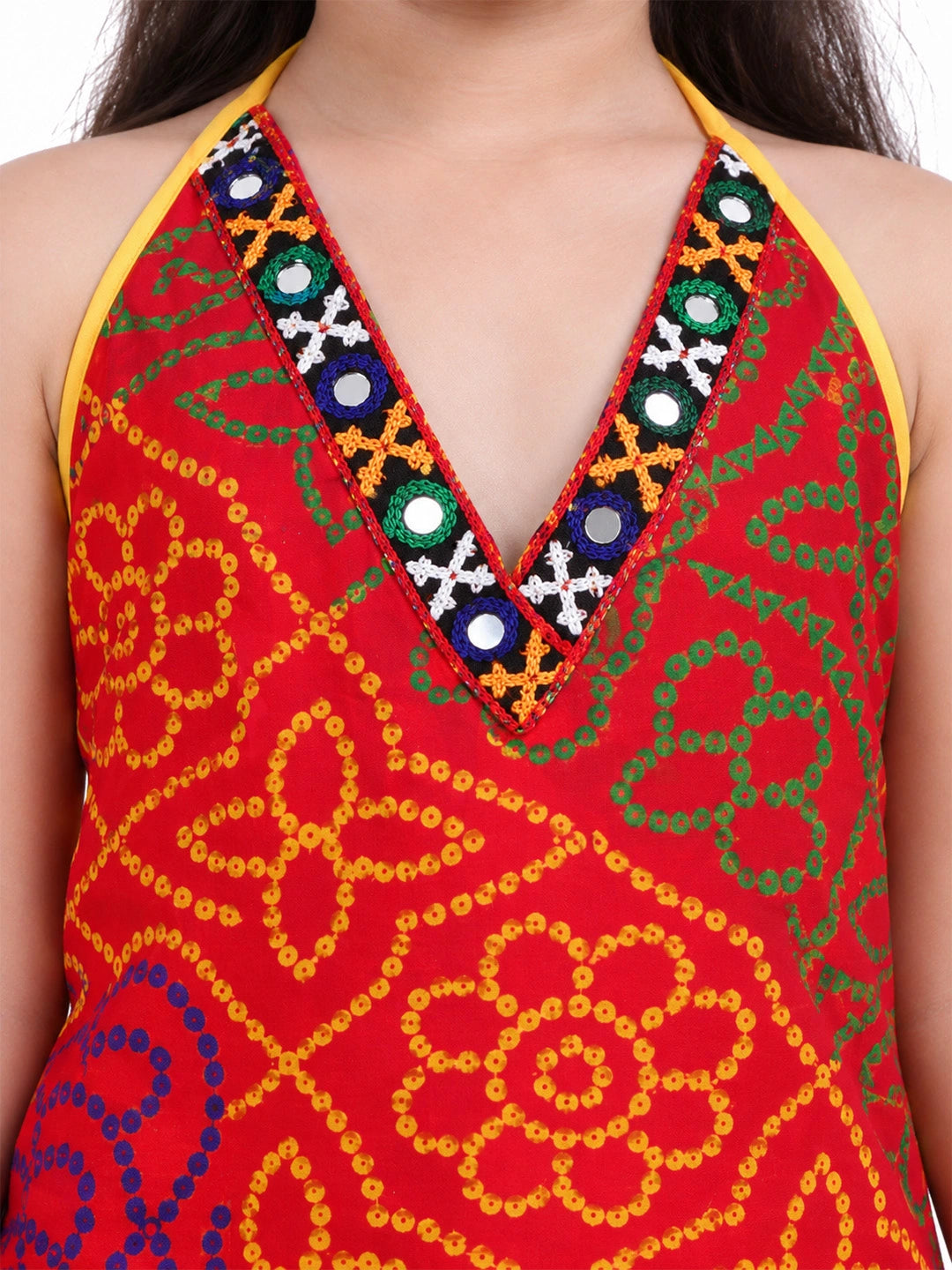 BownBee Bandhani Halter Top With Embroidery Dhoti Set For Girls -  Red