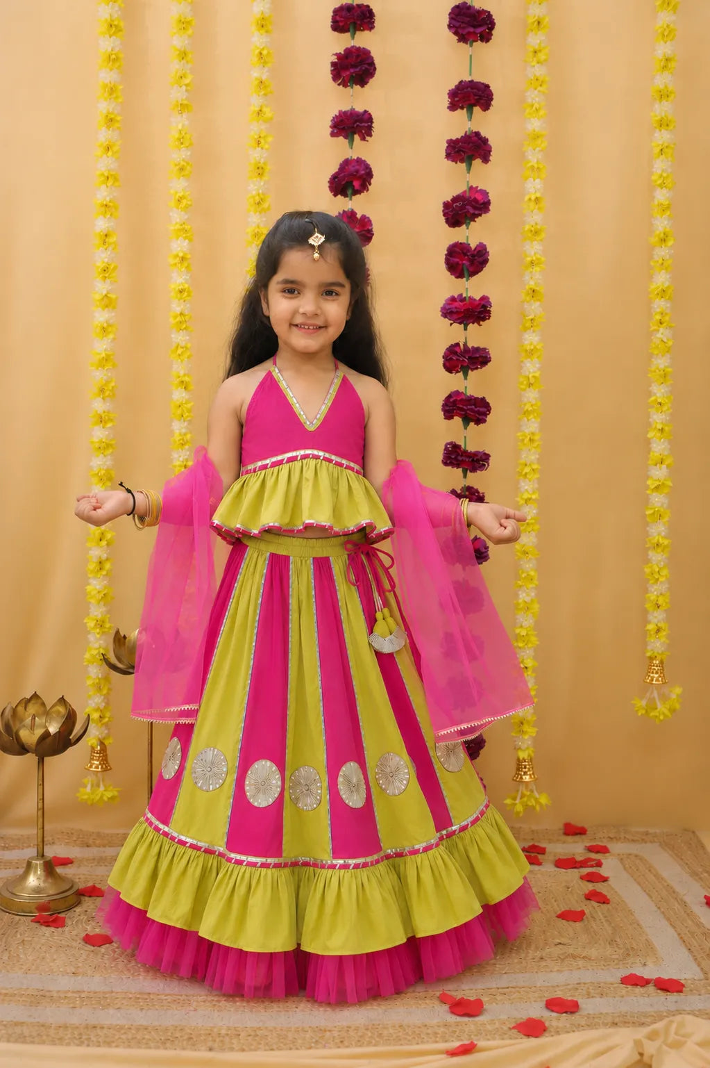 BownBee Pure Cotton Multicolored Lehenga Choli & Dupatta Set For Girls