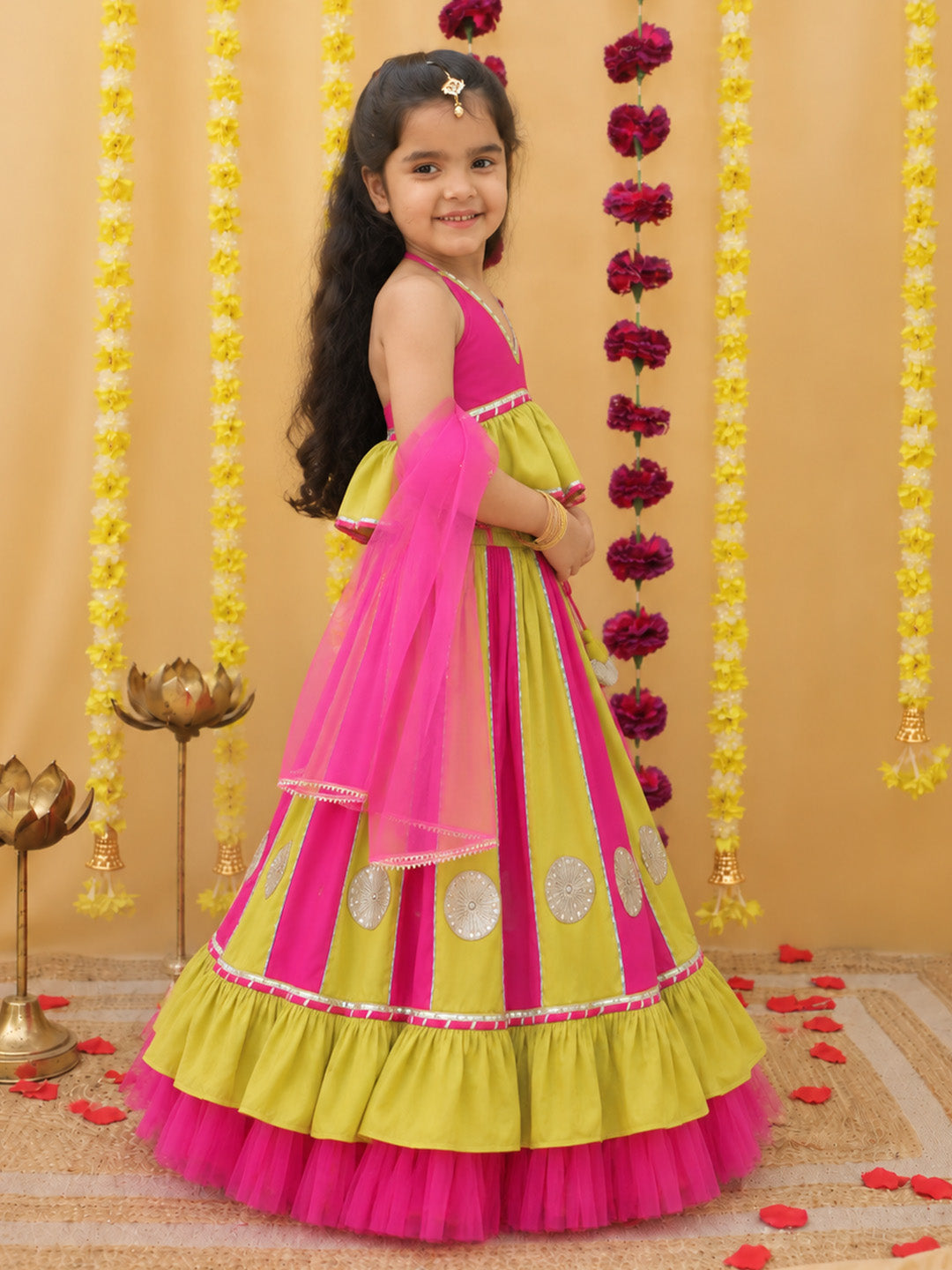 BownBee Pure Cotton Multicolored Lehenga Choli & Dupatta Set For Girls