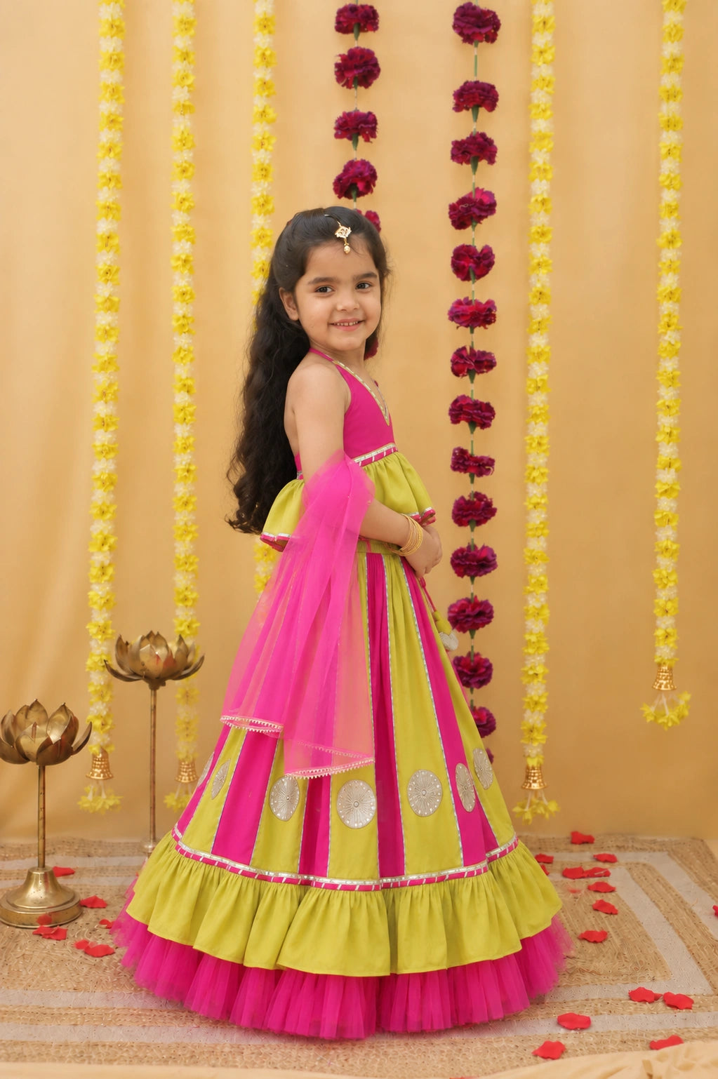 BownBee Pure Cotton Multicolored Lehenga Choli & Dupatta Set For Girls