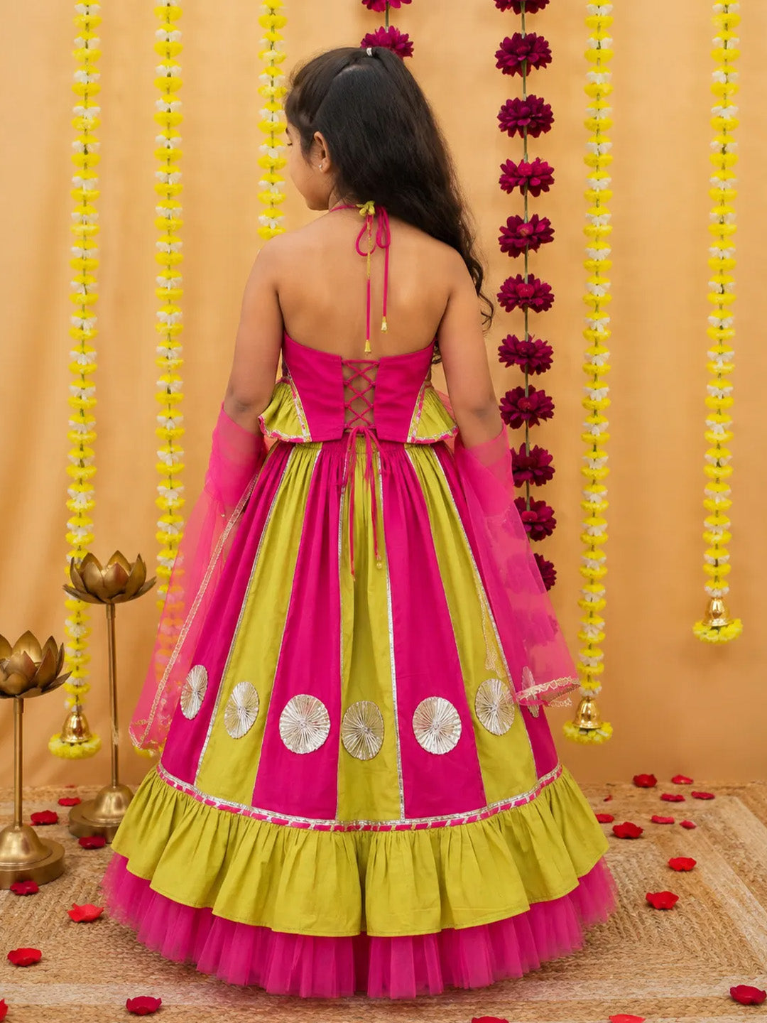 BownBee Pure Cotton Multicolored Lehenga Choli & Dupatta Set For Girls
