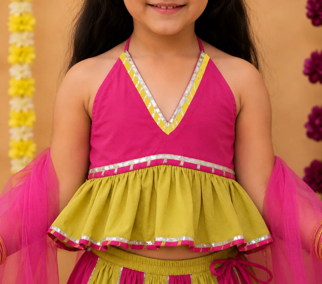 BownBee Pure Cotton Multicolored Lehenga Choli & Dupatta Set For Girls